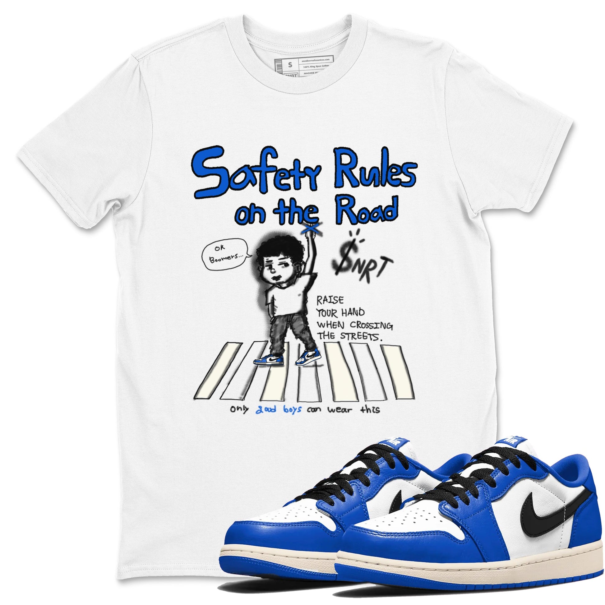 AJ1 Game Royal shirt to match jordans Safety Rules On The Road sneaker tees AJ1 Game Royal SNRT Sneaker Release Tees unisex cotton White 1 crew neck shirt