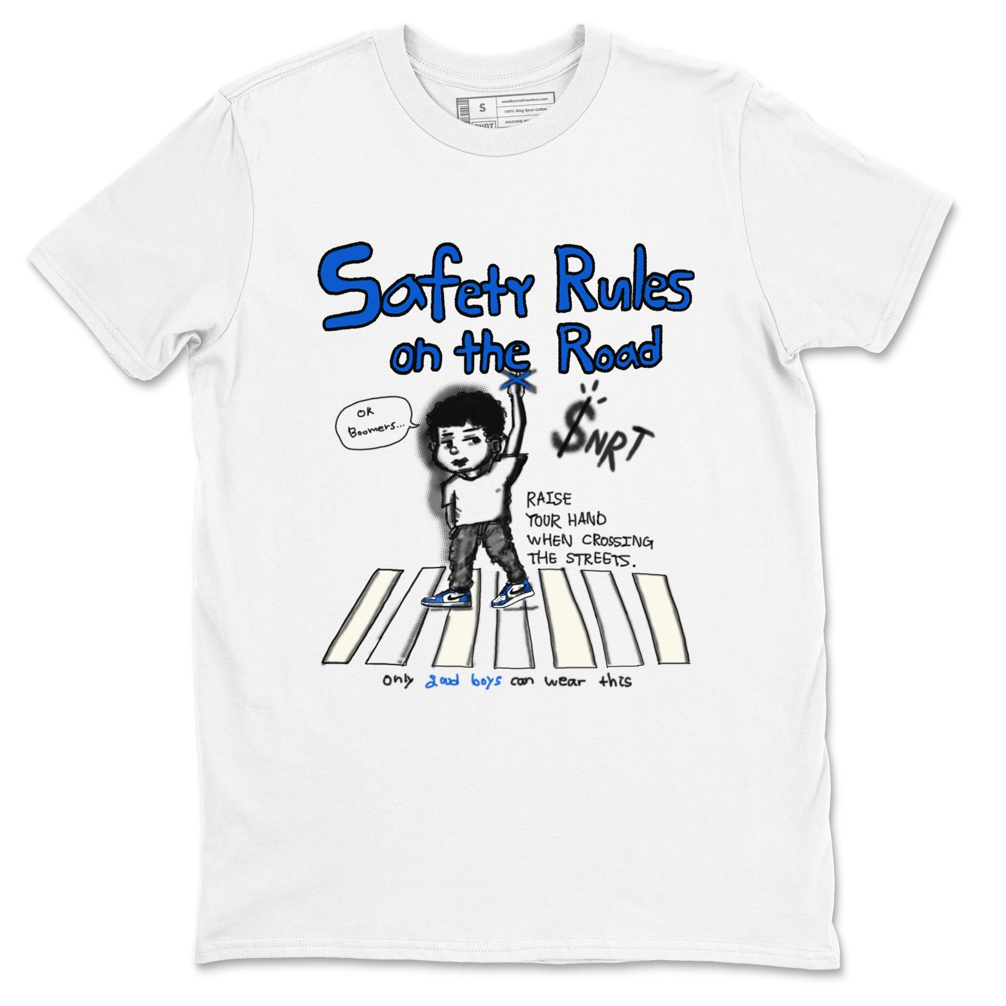 AJ1 Game Royal shirt to match jordans Safety Rules On The Road sneaker tees AJ1 Game Royal SNRT Sneaker Release Tees unisex cotton White 2 crew neck shirt