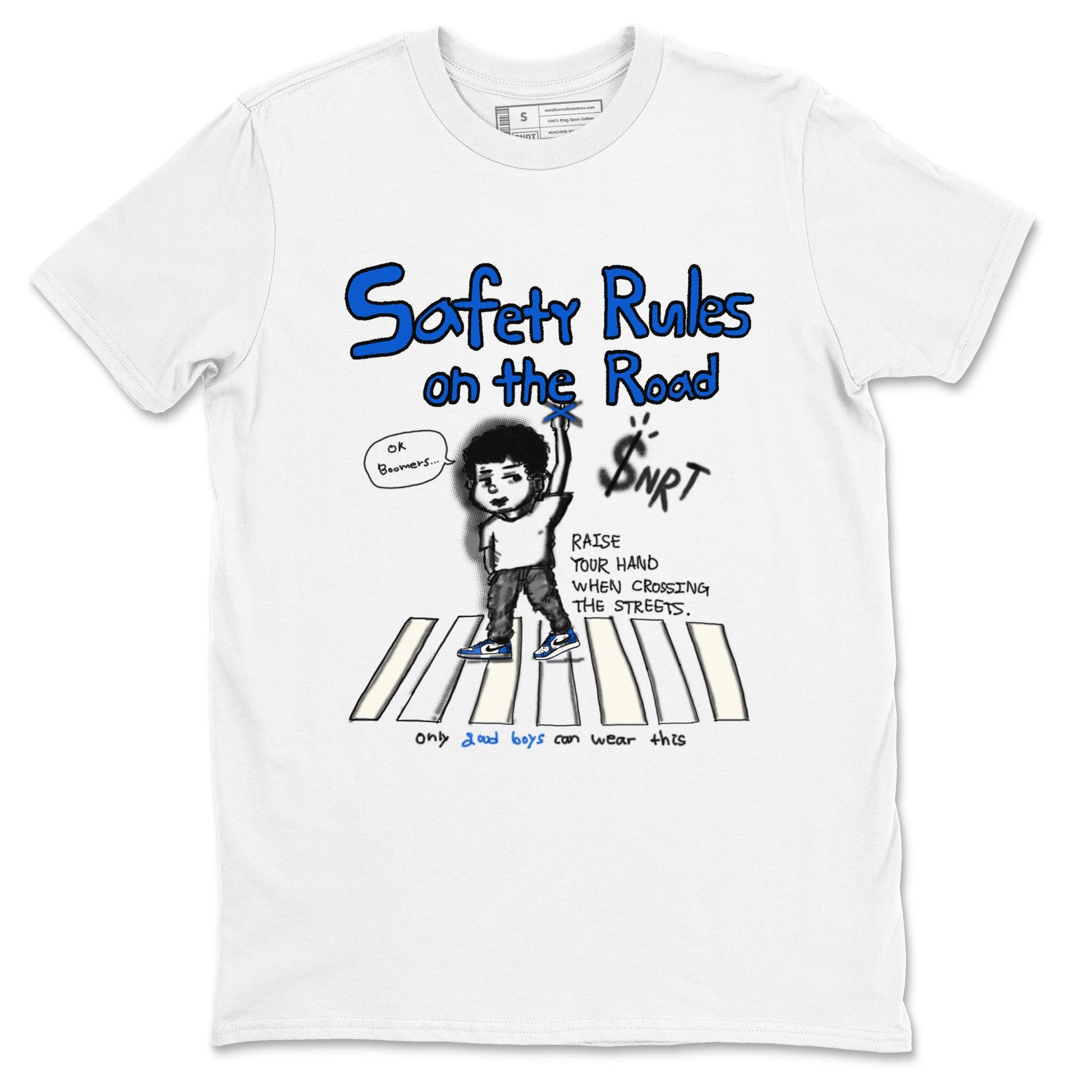 AJ1 Game Royal shirt to match jordans Safety Rules On The Road sneaker tees AJ1 Game Royal SNRT Sneaker Release Tees unisex cotton White 2 crew neck shirt