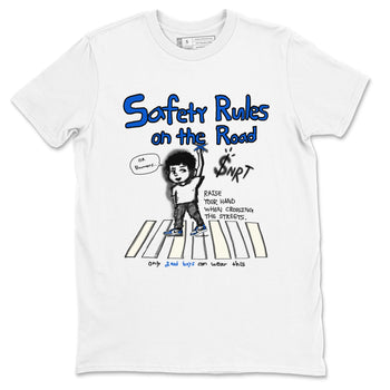 AJ1 Game Royal shirt to match jordans Safety Rules On The Road sneaker tees AJ1 Game Royal SNRT Sneaker Release Tees unisex cotton White 2 crew neck shirt