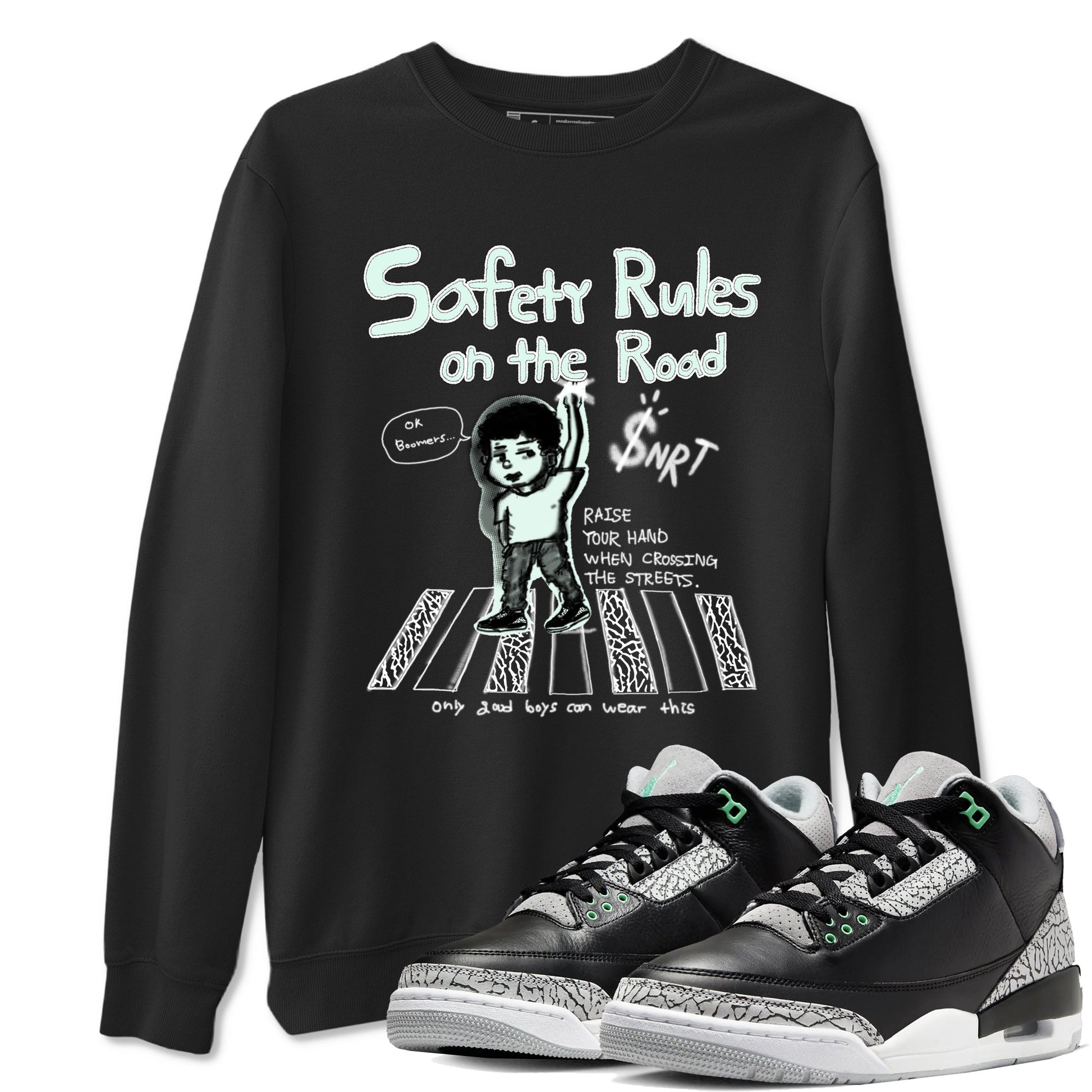3s Green Glow shirt to match jordans Safety Rules On The Road sneaker tees Air Jordan 3 Green Glow SNRT Sneaker Release Tees unisex cotton Black 1 crew neck shirt