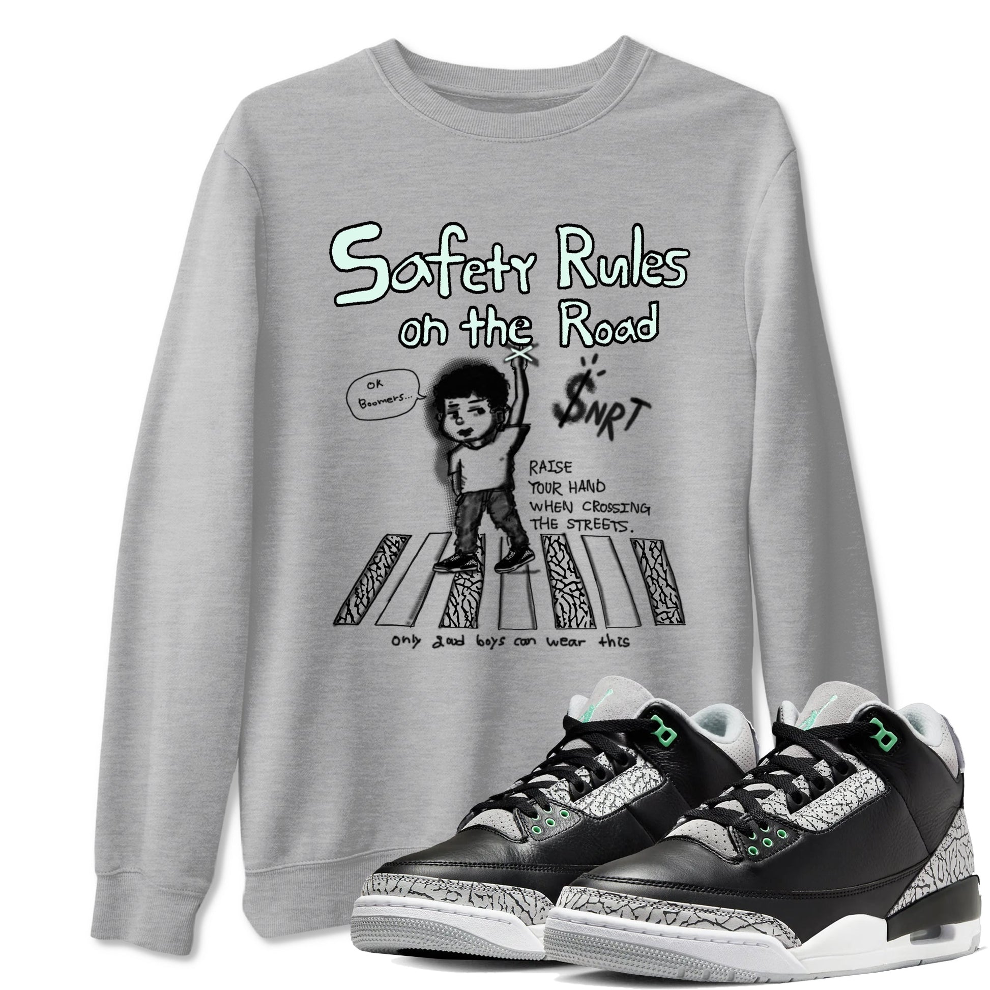 3s Green Glow shirt to match jordans Safety Rules On The Road sneaker tees Air Jordan 3 Green Glow SNRT Sneaker Release Tees unisex cotton Heather Grey 1 crew neck shirt
