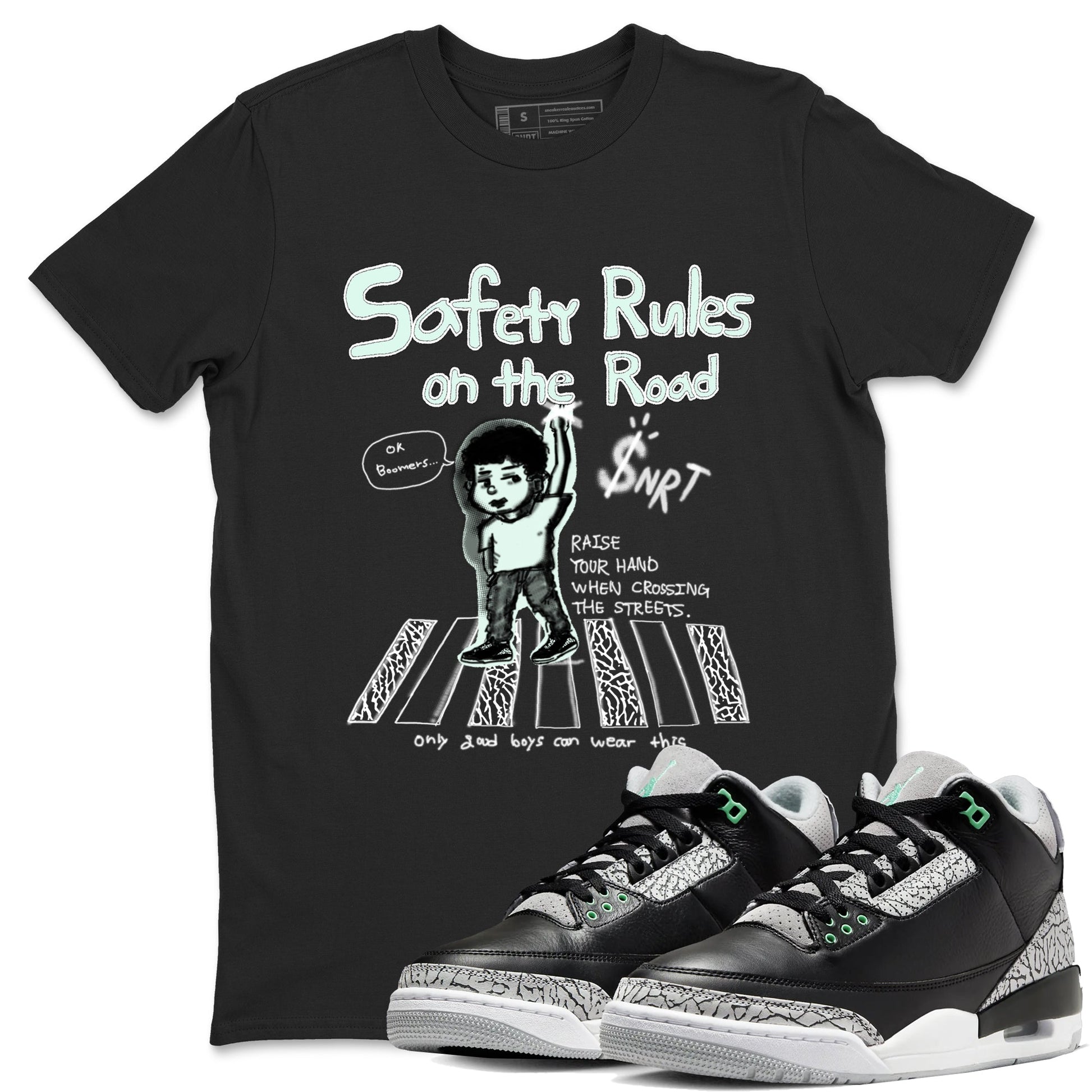 3s Green Glow shirt to match jordans Safety Rules On The Road sneaker tees Air Jordan 3 Green Glow SNRT Sneaker Release Tees unisex cotton Black 1 crew neck shirt