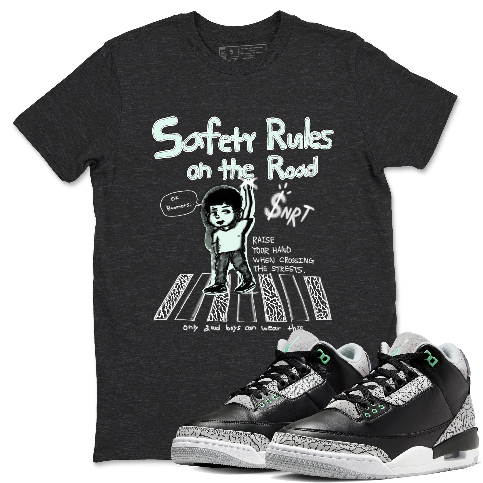 3s Green Glow shirt to match jordans Safety Rules On The Road sneaker tees Air Jordan 3 Green Glow SNRT Sneaker Release Tees unisex cotton Charcoal Heather 1 crew neck shirt