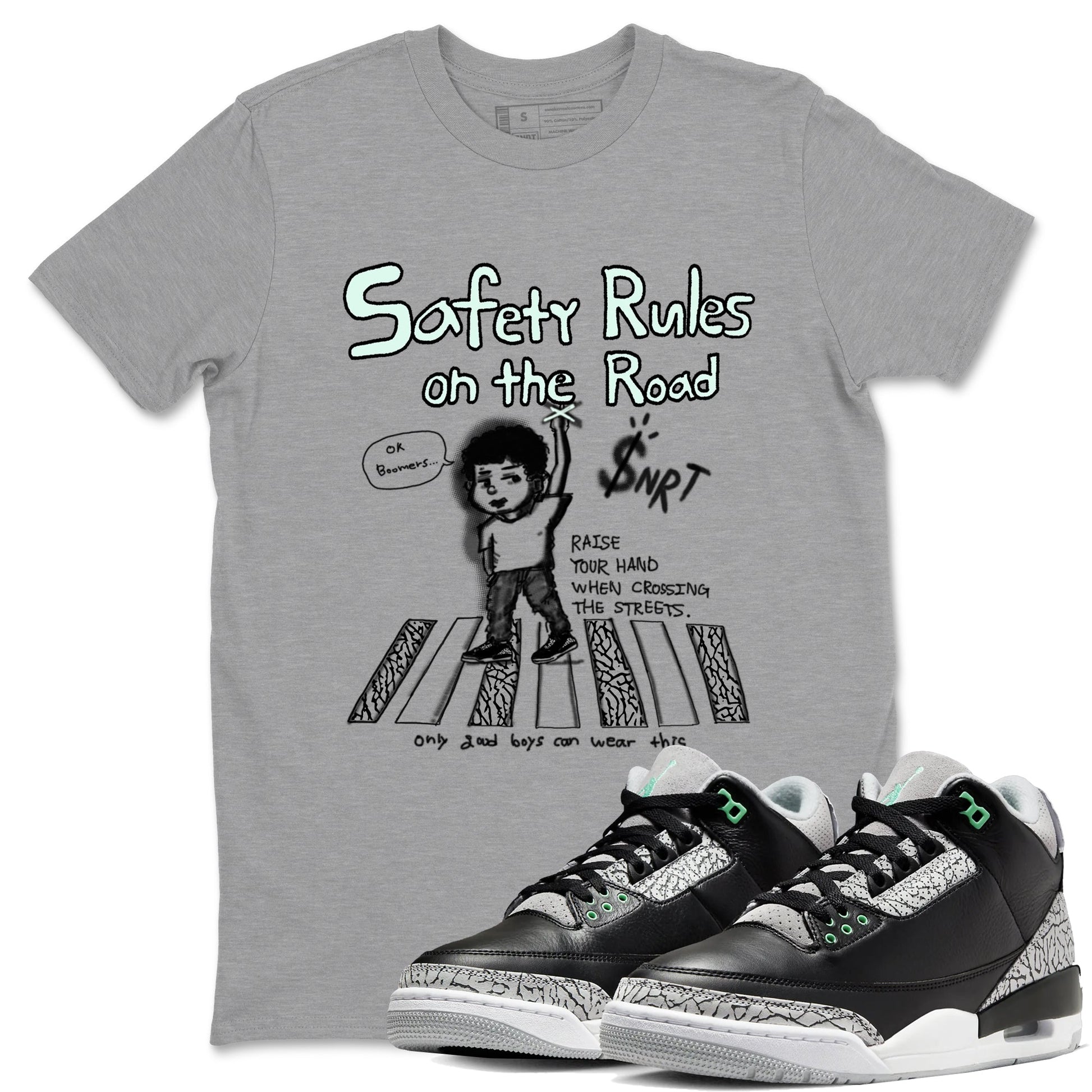 3s Green Glow shirt to match jordans Safety Rules On The Road sneaker tees Air Jordan 3 Green Glow SNRT Sneaker Release Tees unisex cotton Heather Grey 1 crew neck shirt
