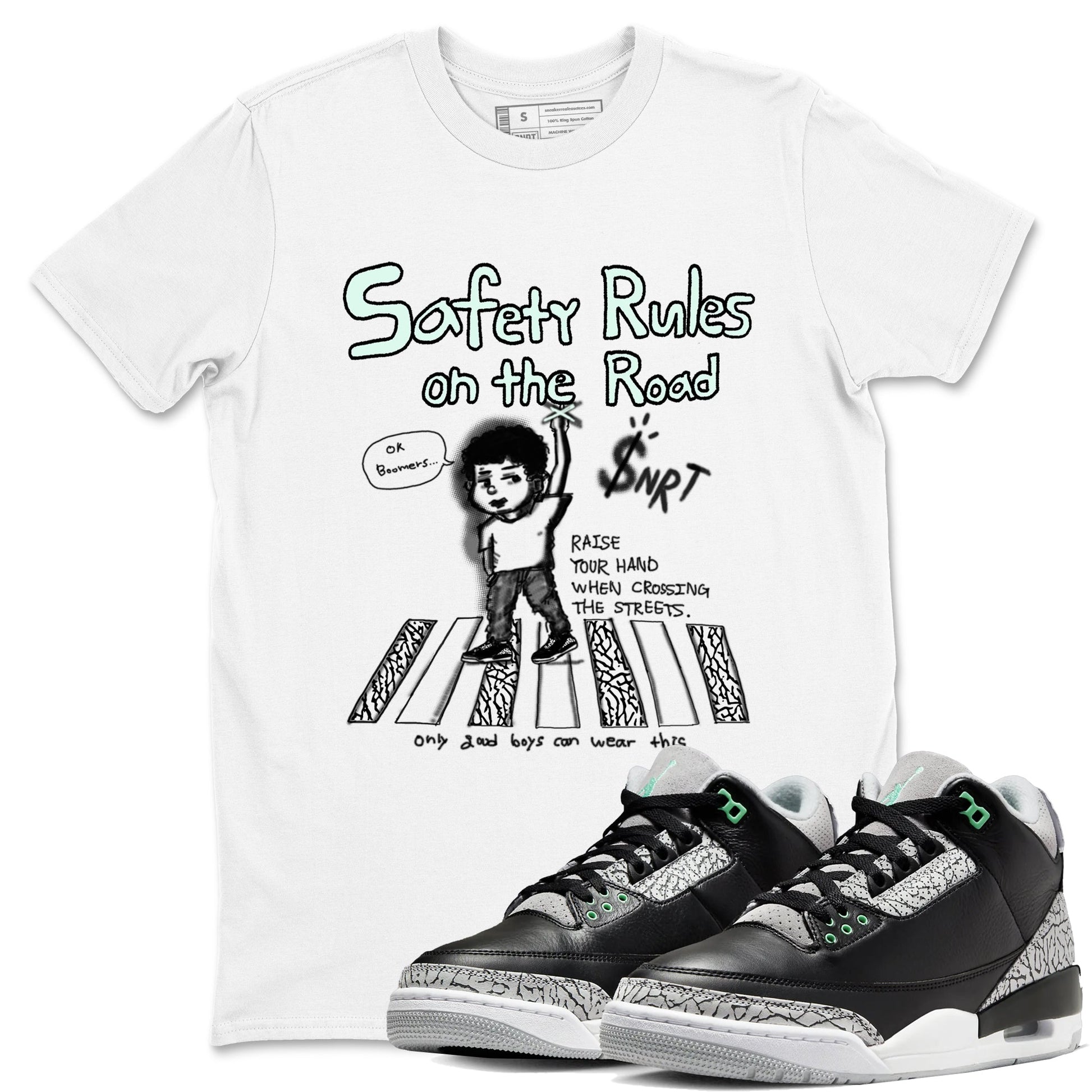 3s Green Glow shirt to match jordans Safety Rules On The Road sneaker tees Air Jordan 3 Green Glow SNRT Sneaker Release Tees unisex cotton White 1 crew neck shirt