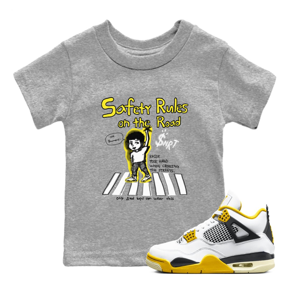4s Vivid Sulfur shirt to match jordans Safety Rules On The Road sneaker tees Air Jordan 4 Vivid Sulfur SNRT sneaker release tees baby toddler Heather Grey 1 cotton Shirt