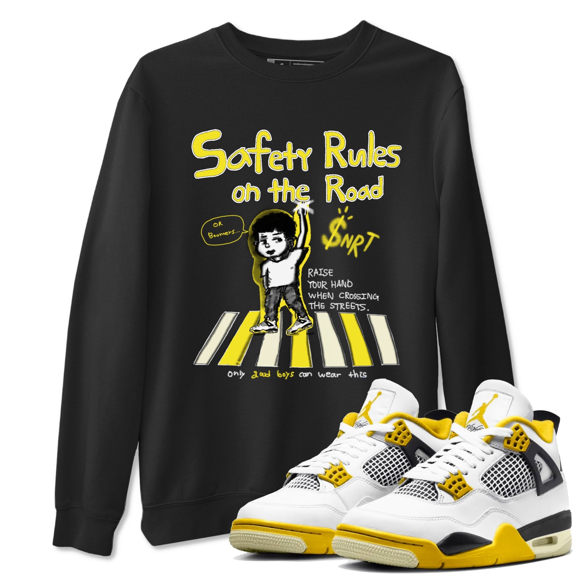 4s Vivid Sulfur shirt to match jordans Safety Rules On The Road sneaker tees Air Jordan 4 Vivid Sulfur SNRT Sneaker Release Tees unisex cotton Black 1 crew neck shirt