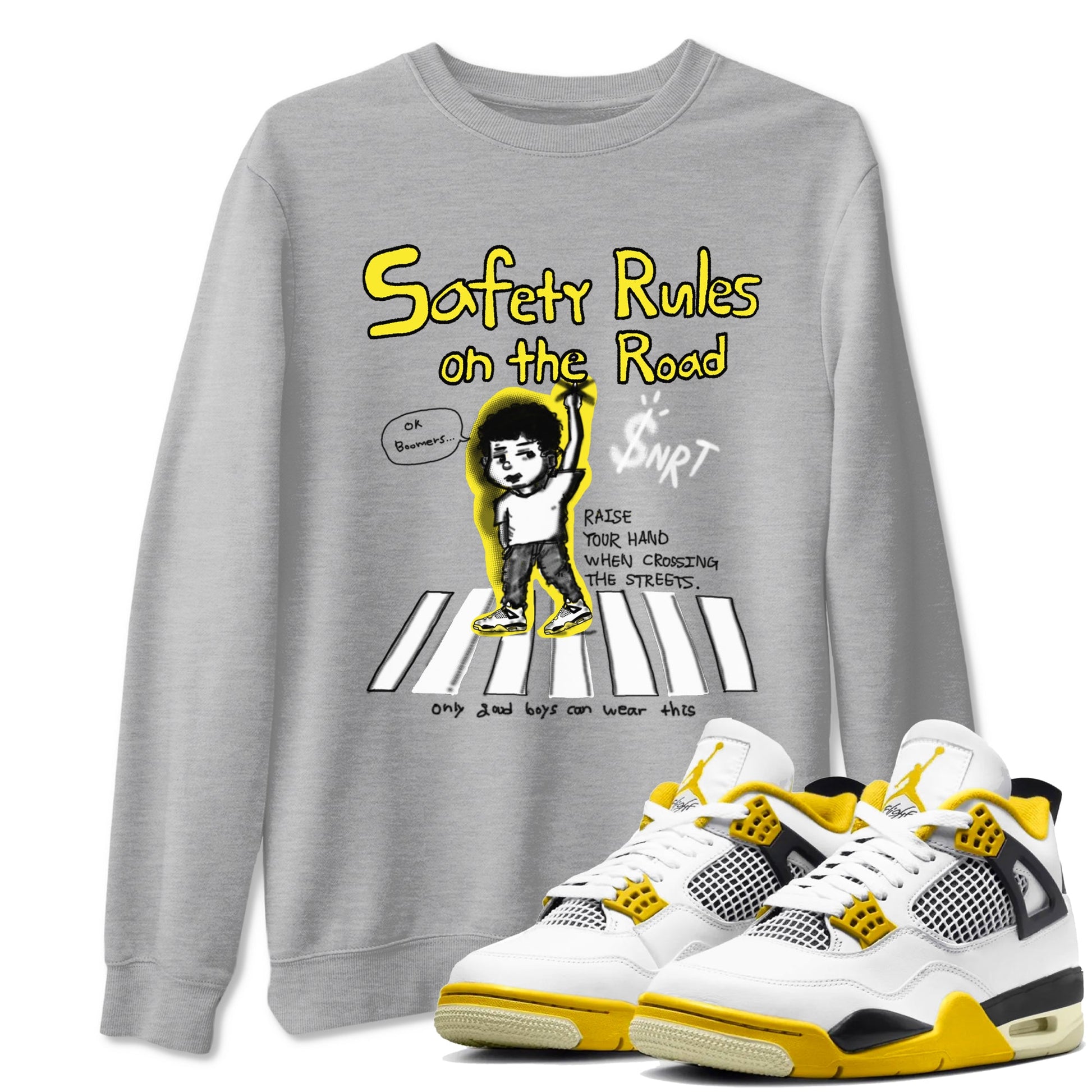 4s Vivid Sulfur shirt to match jordans Safety Rules On The Road sneaker tees Air Jordan 4 Vivid Sulfur SNRT Sneaker Release Tees unisex cotton Heather Grey 1 crew neck shirt