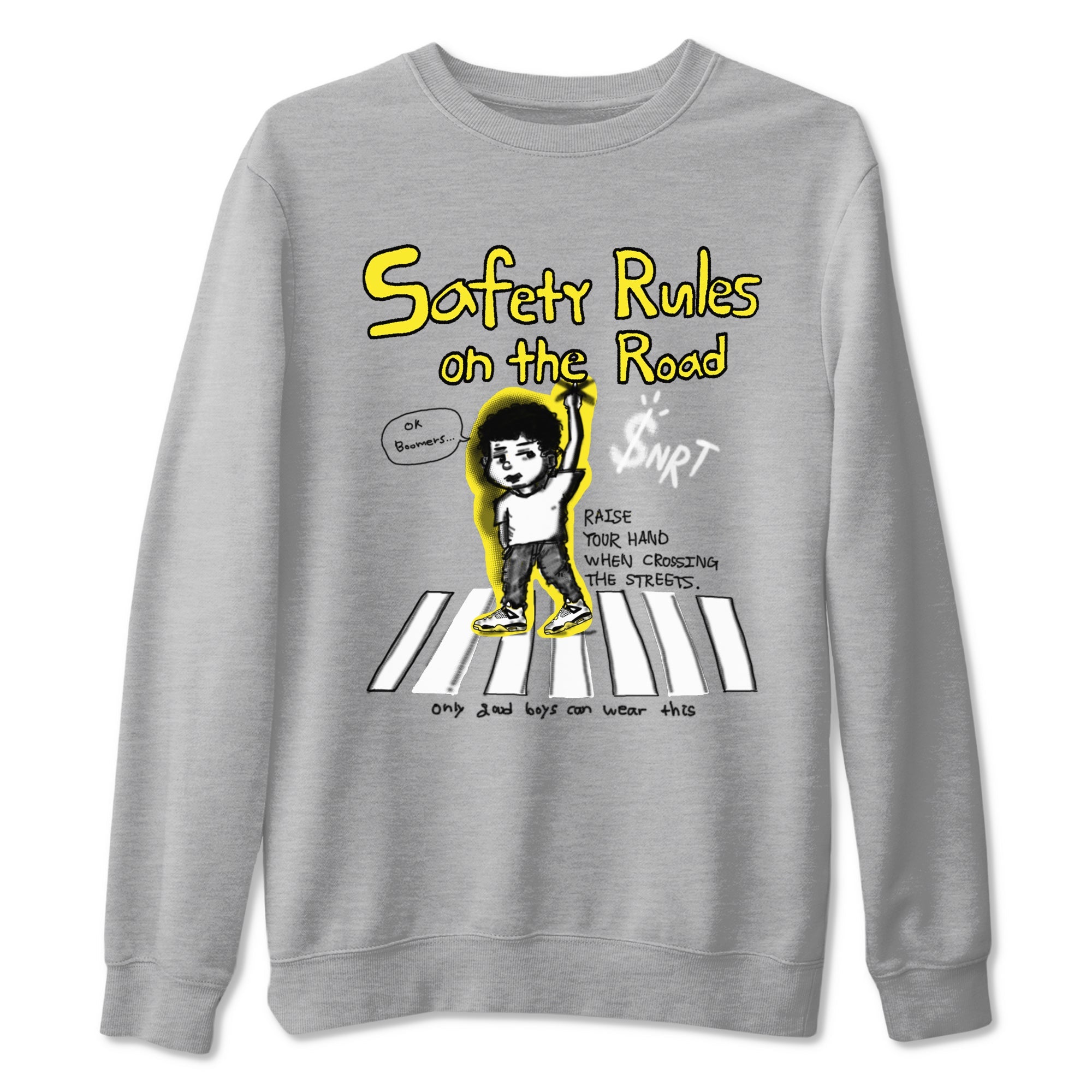 4s Vivid Sulfur shirt to match jordans Safety Rules On The Road sneaker tees Air Jordan 4 Vivid Sulfur SNRT Sneaker Release Tees unisex cotton Heather Grey 2 crew neck shirt