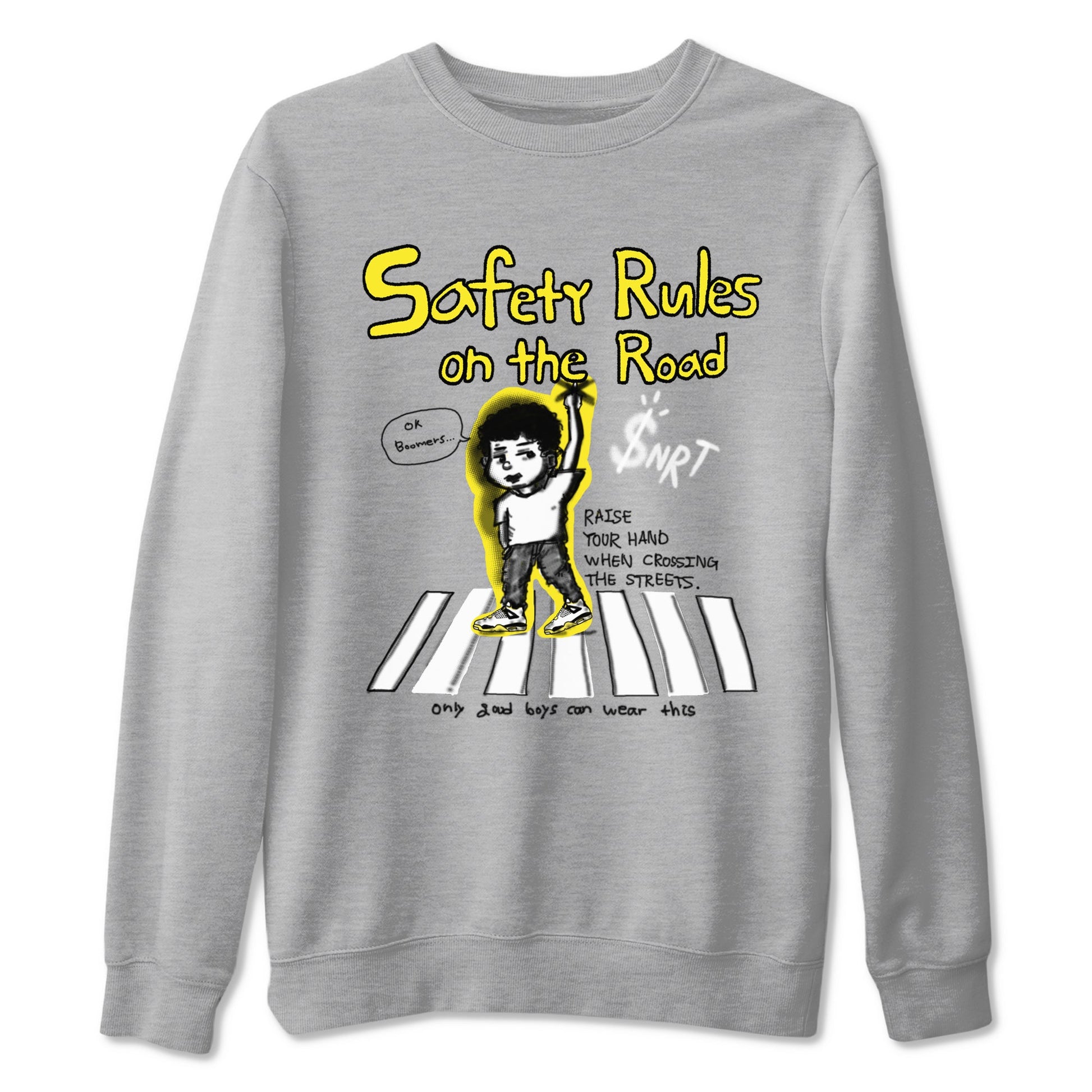 4s Vivid Sulfur shirt to match jordans Safety Rules On The Road sneaker tees Air Jordan 4 Vivid Sulfur SNRT Sneaker Release Tees unisex cotton Heather Grey 2 crew neck shirt