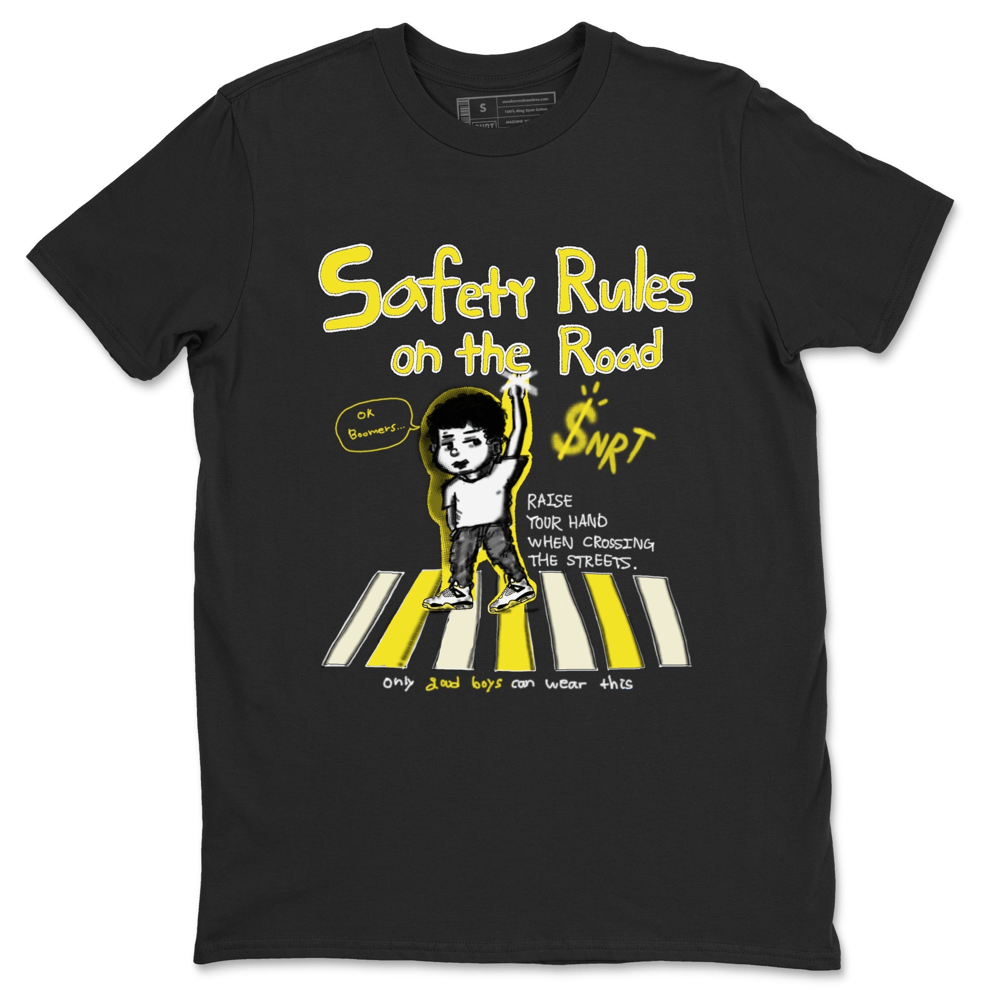 4s Vivid Sulfur shirt to match jordans Safety Rules On The Road sneaker tees Air Jordan 4 Vivid Sulfur SNRT Sneaker Release Tees unisex cotton Black 2 crew neck shirt