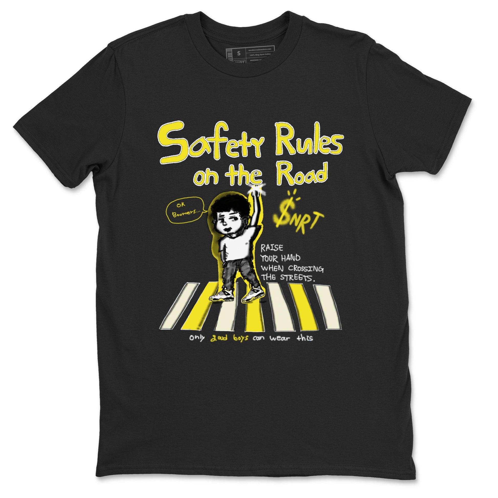 4s Vivid Sulfur shirt to match jordans Safety Rules On The Road sneaker tees Air Jordan 4 Vivid Sulfur SNRT Sneaker Release Tees unisex cotton Black 2 crew neck shirt