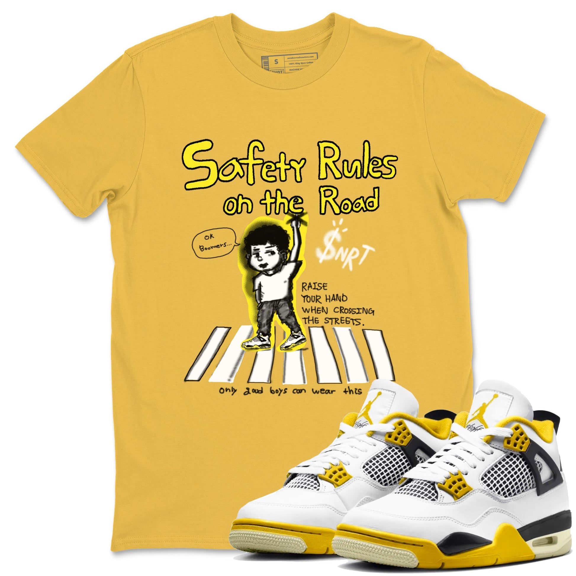 4s Vivid Sulfur shirt to match jordans Safety Rules On The Road sneaker tees Air Jordan 4 Vivid Sulfur SNRT Sneaker Release Tees unisex cotton Daisy 1 crew neck shirt
