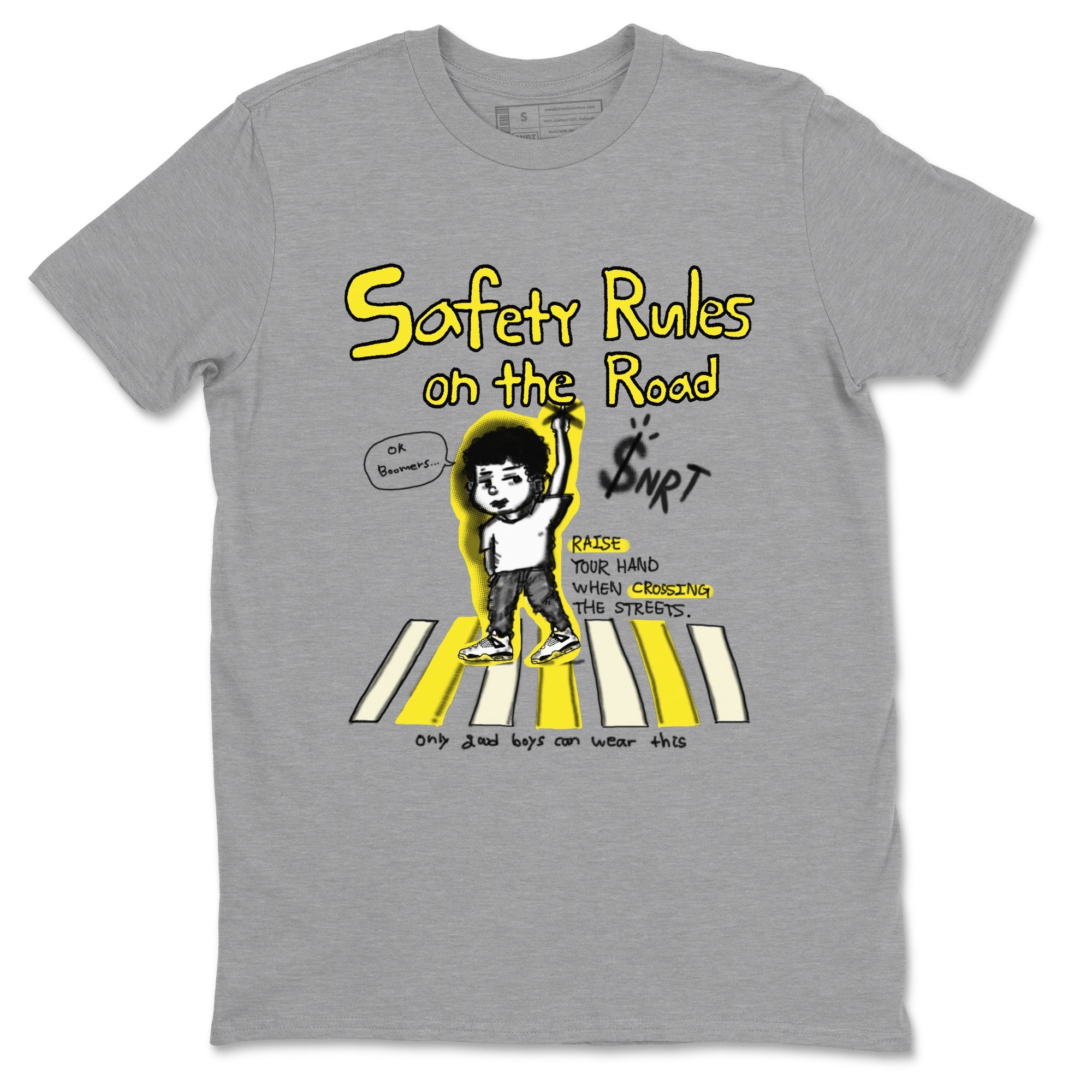4s Vivid Sulfur shirt to match jordans Safety Rules On The Road sneaker tees Air Jordan 4 Vivid Sulfur SNRT Sneaker Release Tees unisex cotton Heather Grey 2 crew neck shirt