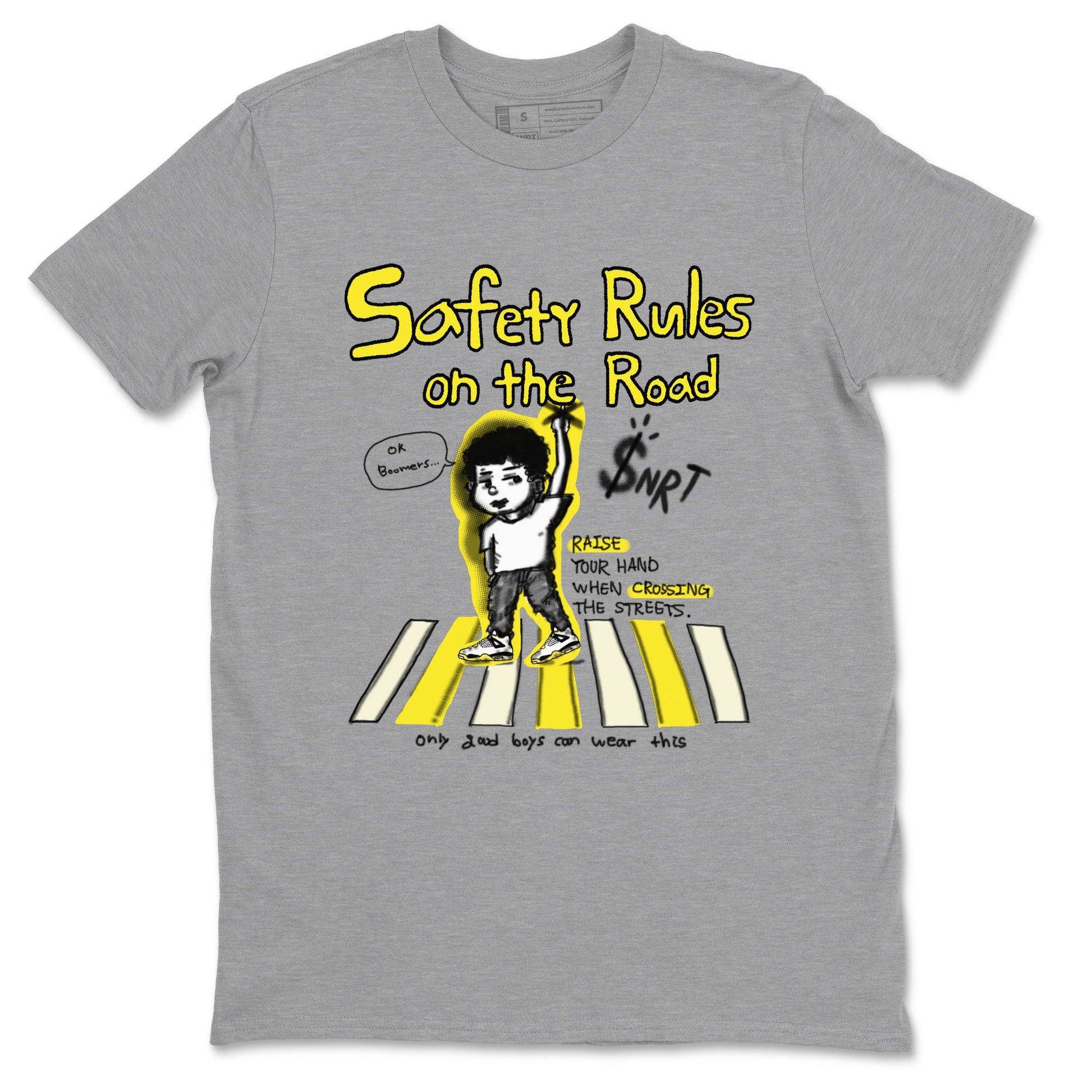 4s Vivid Sulfur shirt to match jordans Safety Rules On The Road sneaker tees Air Jordan 4 Vivid Sulfur SNRT Sneaker Release Tees unisex cotton Heather Grey 2 crew neck shirt