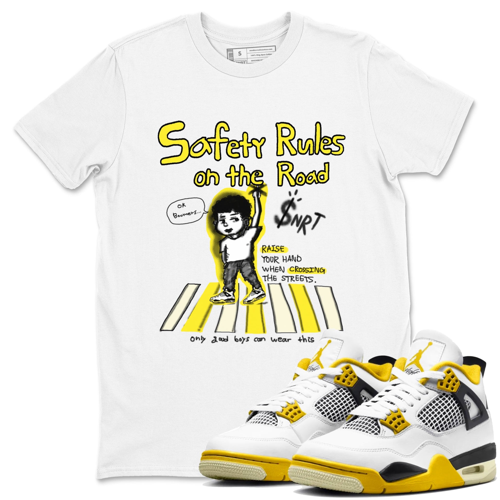 4s Vivid Sulfur shirt to match jordans Safety Rules On The Road sneaker tees Air Jordan 4 Vivid Sulfur SNRT Sneaker Release Tees unisex cotton White 1 crew neck shirt