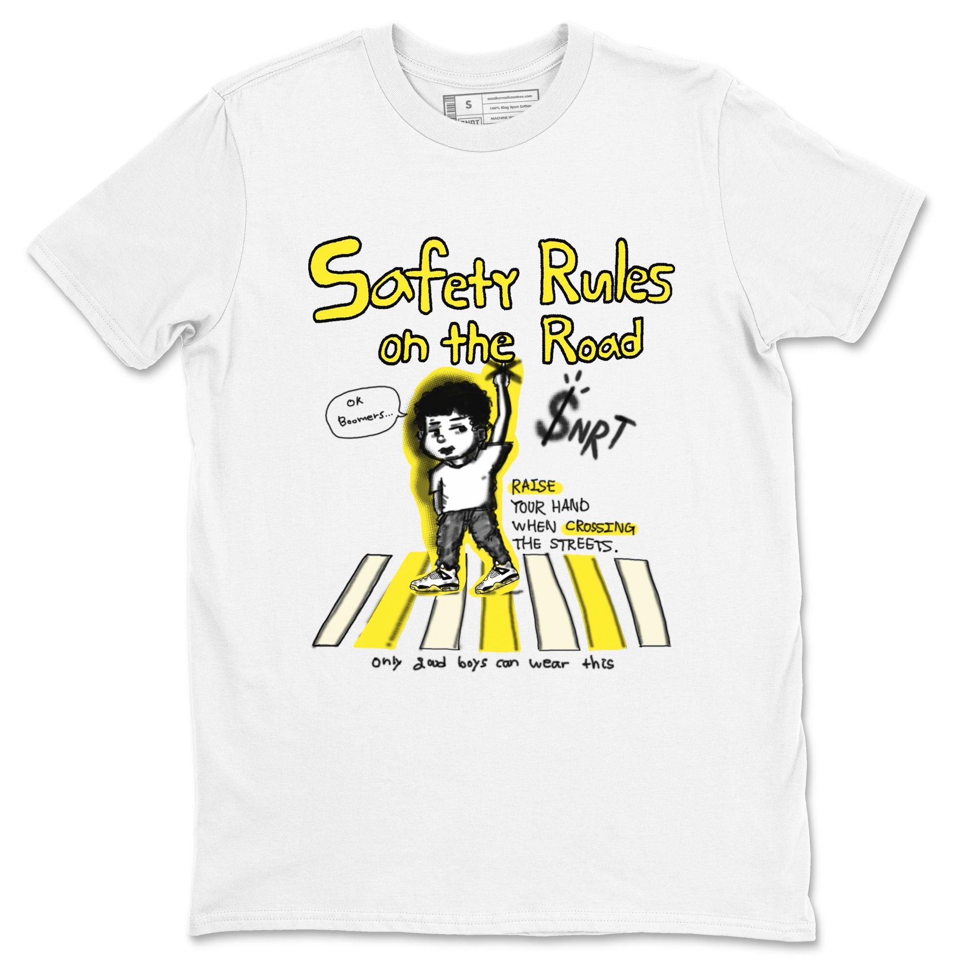 4s Vivid Sulfur shirt to match jordans Safety Rules On The Road sneaker tees Air Jordan 4 Vivid Sulfur SNRT Sneaker Release Tees unisex cotton White 2 crew neck shirt