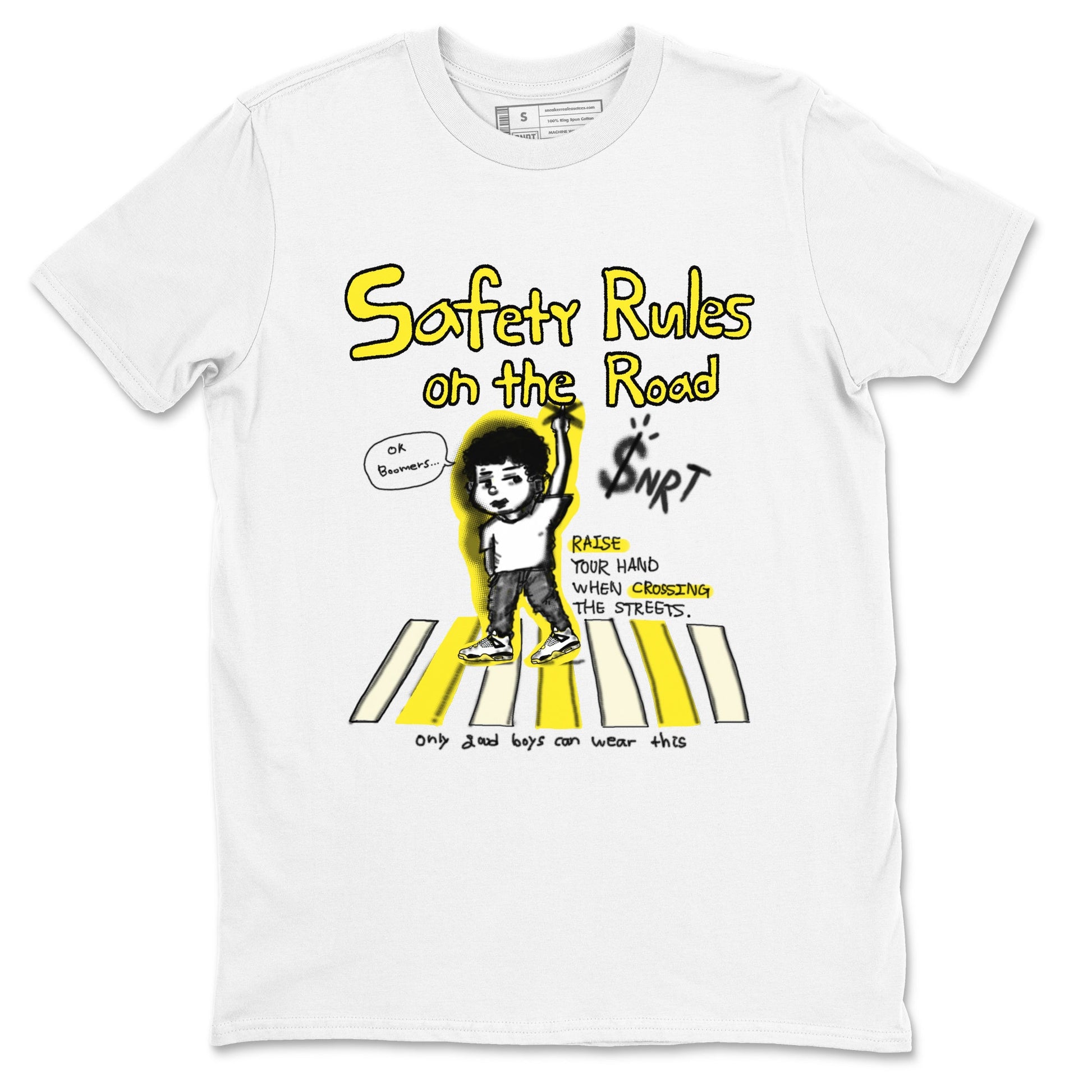 4s Vivid Sulfur shirt to match jordans Safety Rules On The Road sneaker tees Air Jordan 4 Vivid Sulfur SNRT Sneaker Release Tees unisex cotton White 2 crew neck shirt