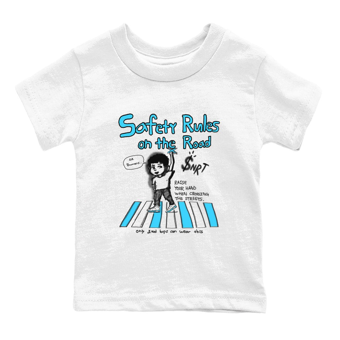 AJ9 Powder Blue shirt to match jordans Safety Rules On The Road sneaker tees Air Jordan 9 Powder Blue SNRT sneaker release tees baby toddler White 2 cotton Shirt