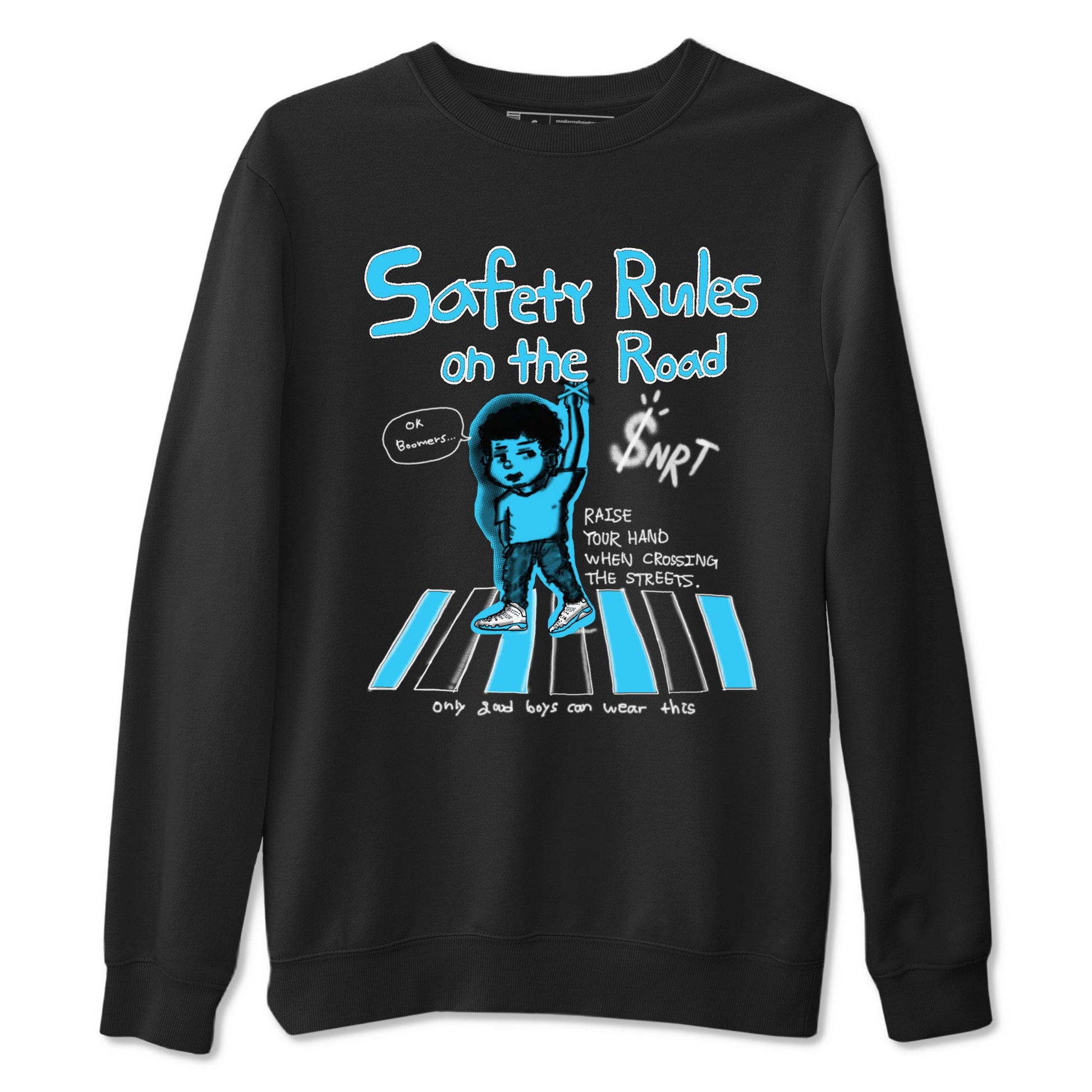 AJ9 Powder Blue shirt to match jordans Safety Rules On The Road sneaker tees Air Jordan 9 Powder Blue SNRT Sneaker Release Tees unisex cotton Black 2 crew neck shirt