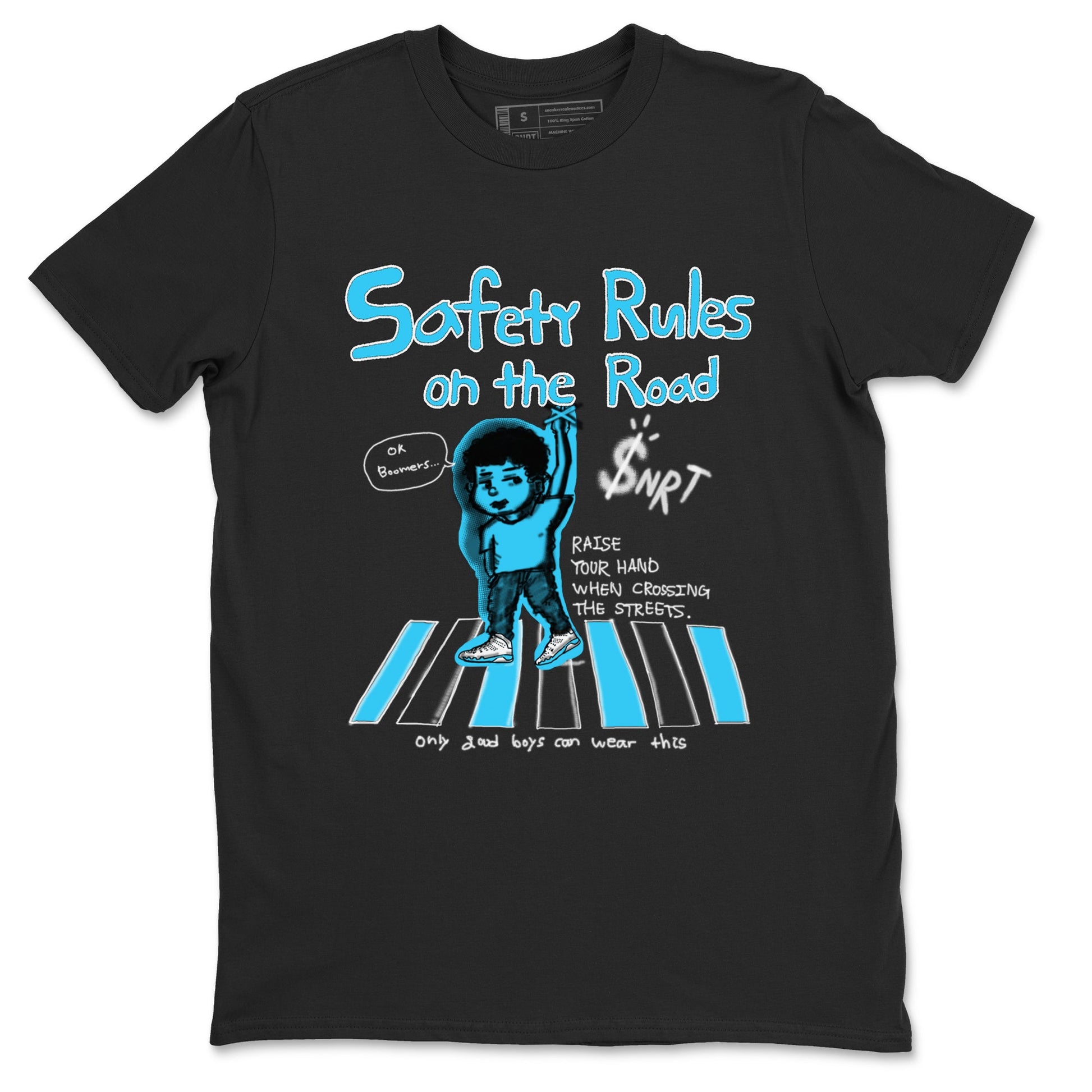 AJ9 Powder Blue shirt to match jordans Safety Rules On The Road sneaker tees Air Jordan 9 Powder Blue SNRT Sneaker Release Tees unisex cotton Black 2 crew neck shirt