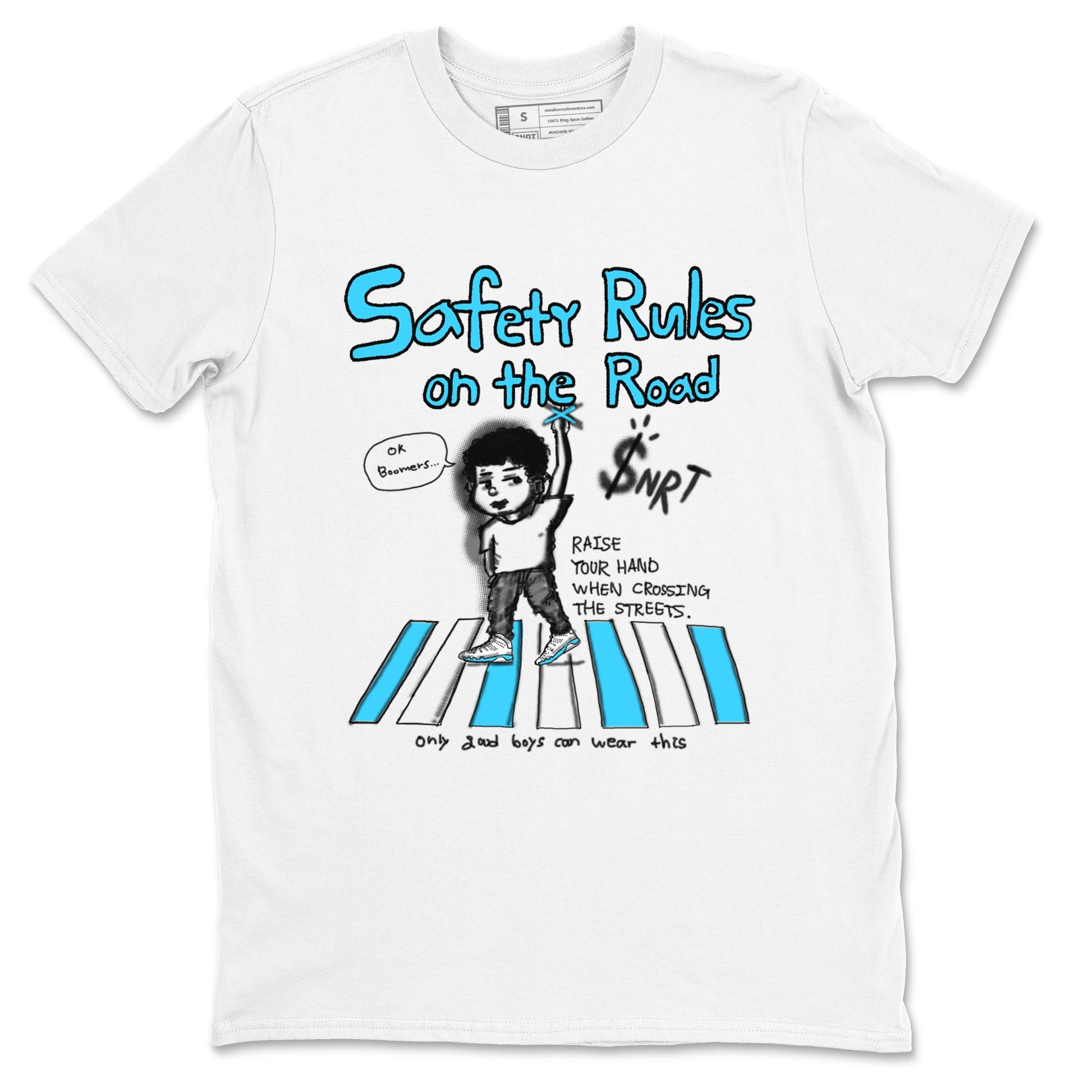 AJ9 Powder Blue shirt to match jordans Safety Rules On The Road sneaker tees Air Jordan 9 Powder Blue SNRT Sneaker Release Tees unisex cotton White 2 crew neck shirt