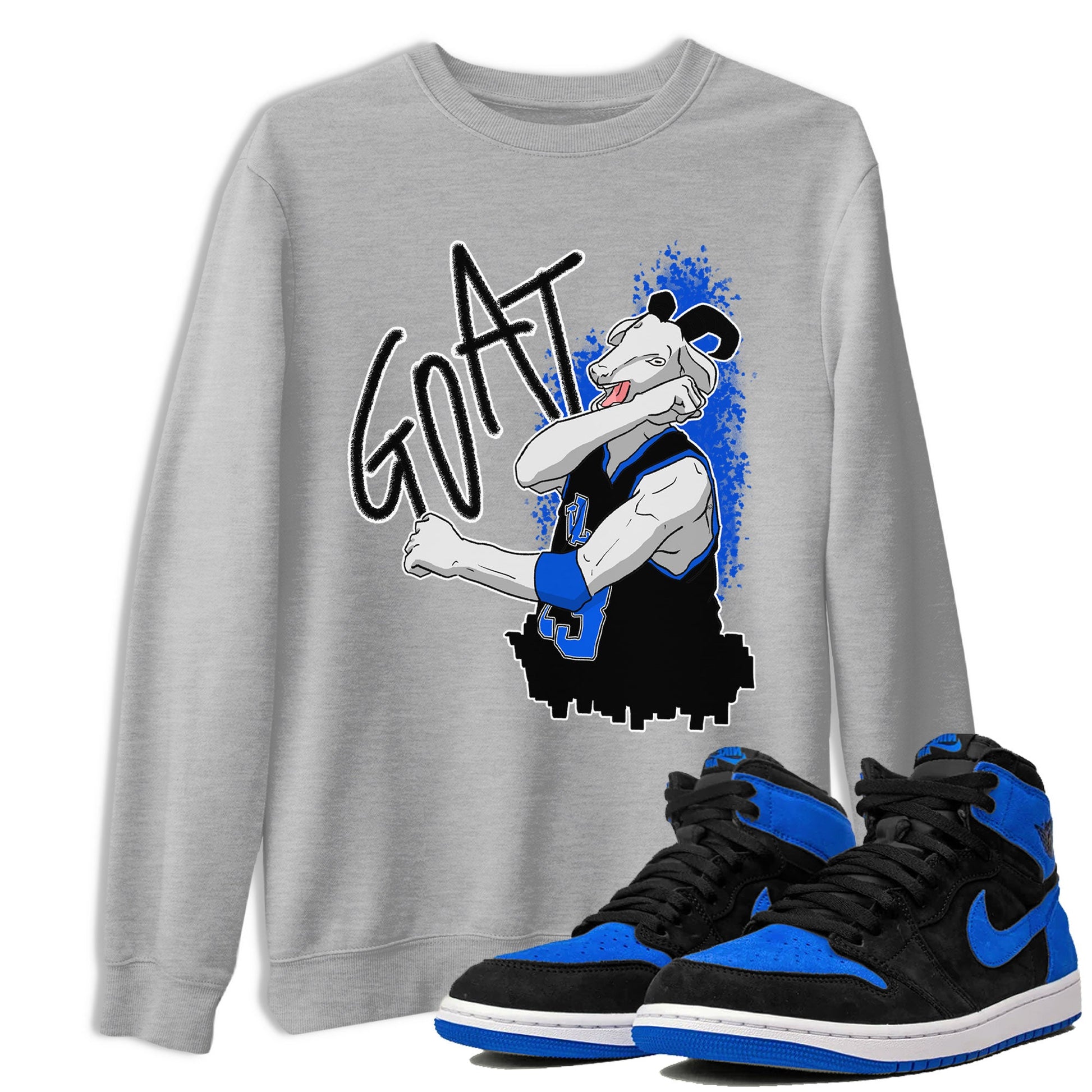 Jordan 1 High OG Royal Reimagined shirt to match jordans Screaming Goat sneaker tees Air Jordan 1 Royal Reimagined SNRT Sneaker Release Tees Crew Neck T-ShirtUnisex Heather Grey 1 T-Shirt