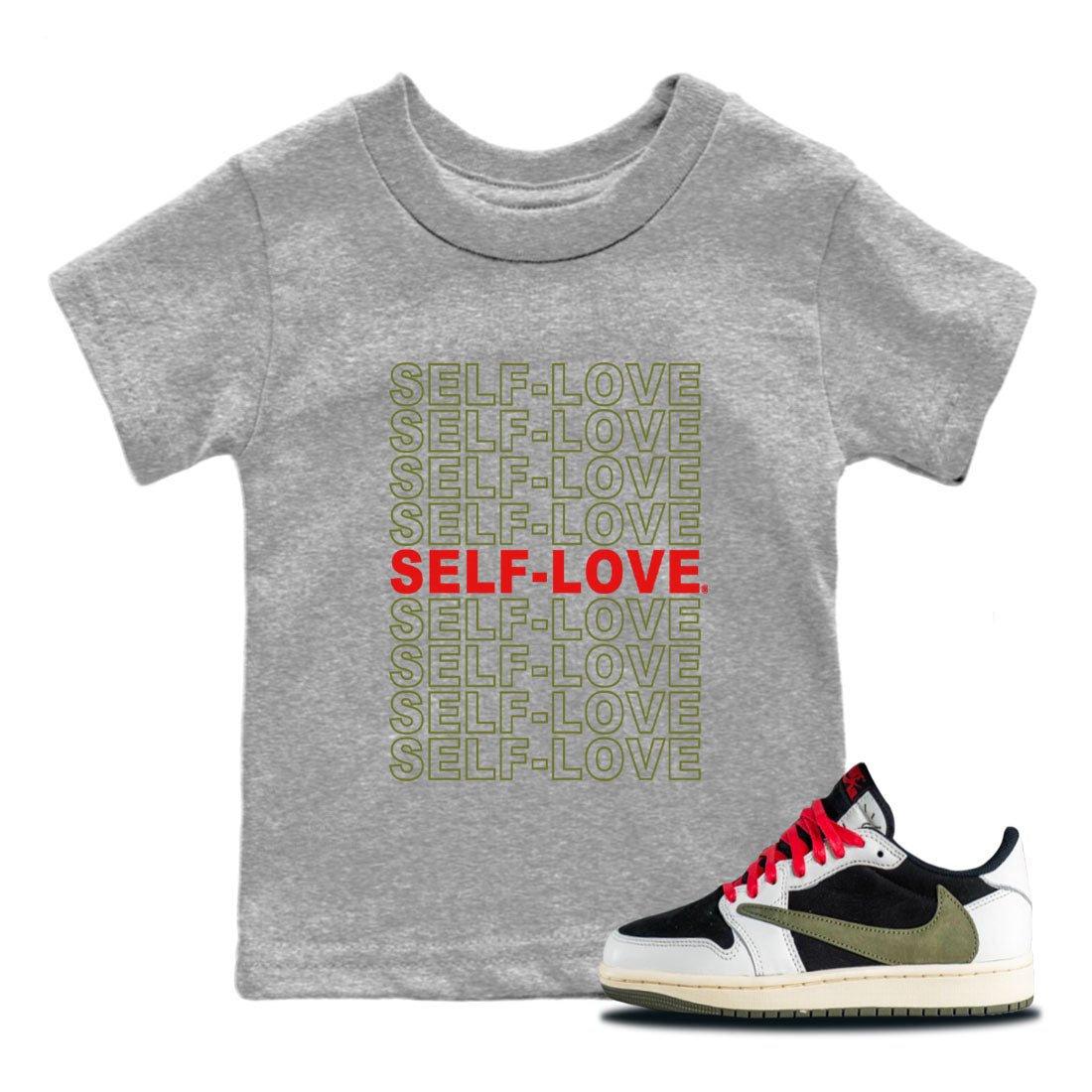 Air Jordan 1 Travis Scott Olive Self Love Baby and Kids Sneaker Tees Air Jordan 1 Travis Scott Olive Kids Sneaker Tees Size Chart