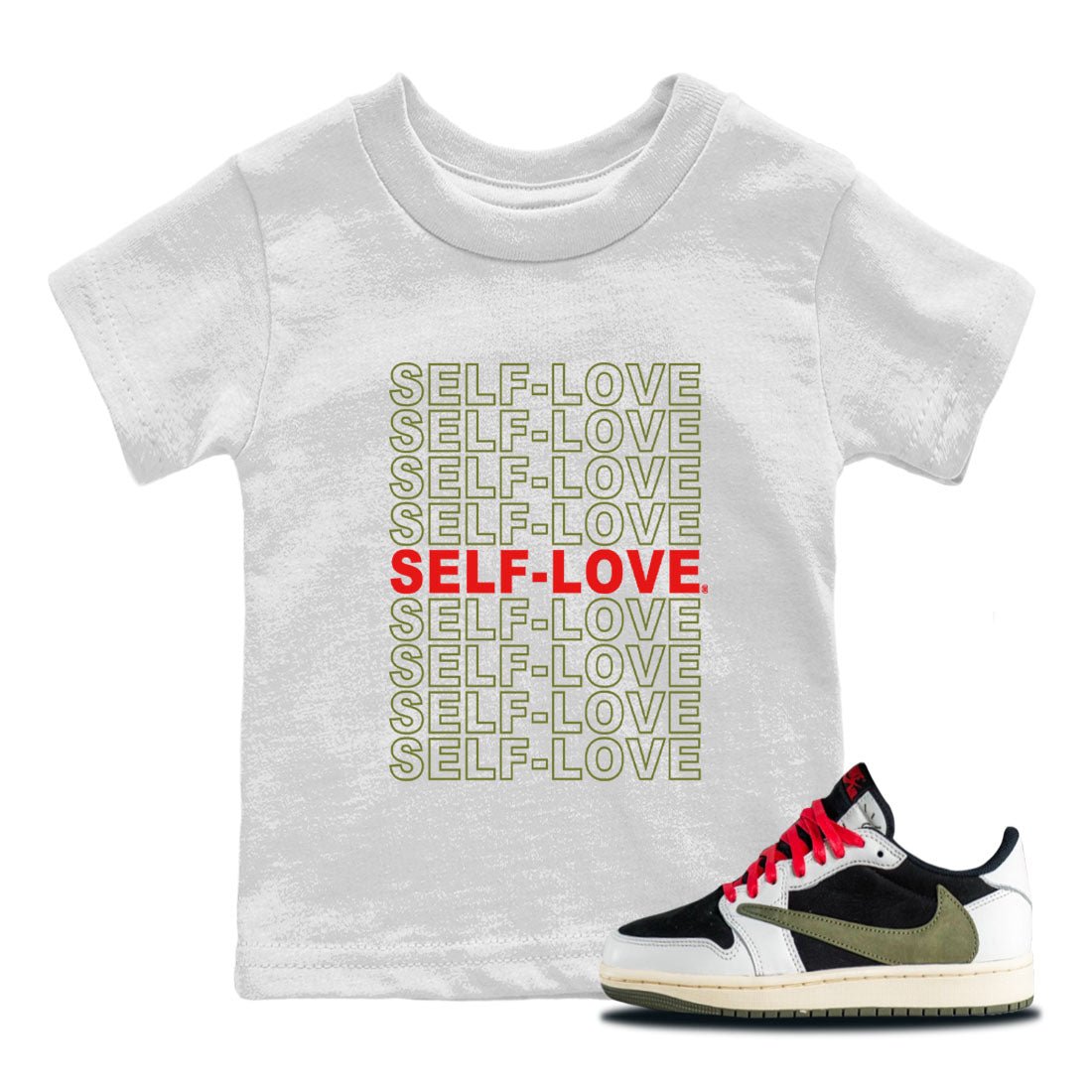 Air Jordan 1 Travis Scott Olive Sneaker Match Tees Self Love Sneaker Tees Air Jordan 1 Low x Travis Scott x Olive Shirts Kids Shirts White 1