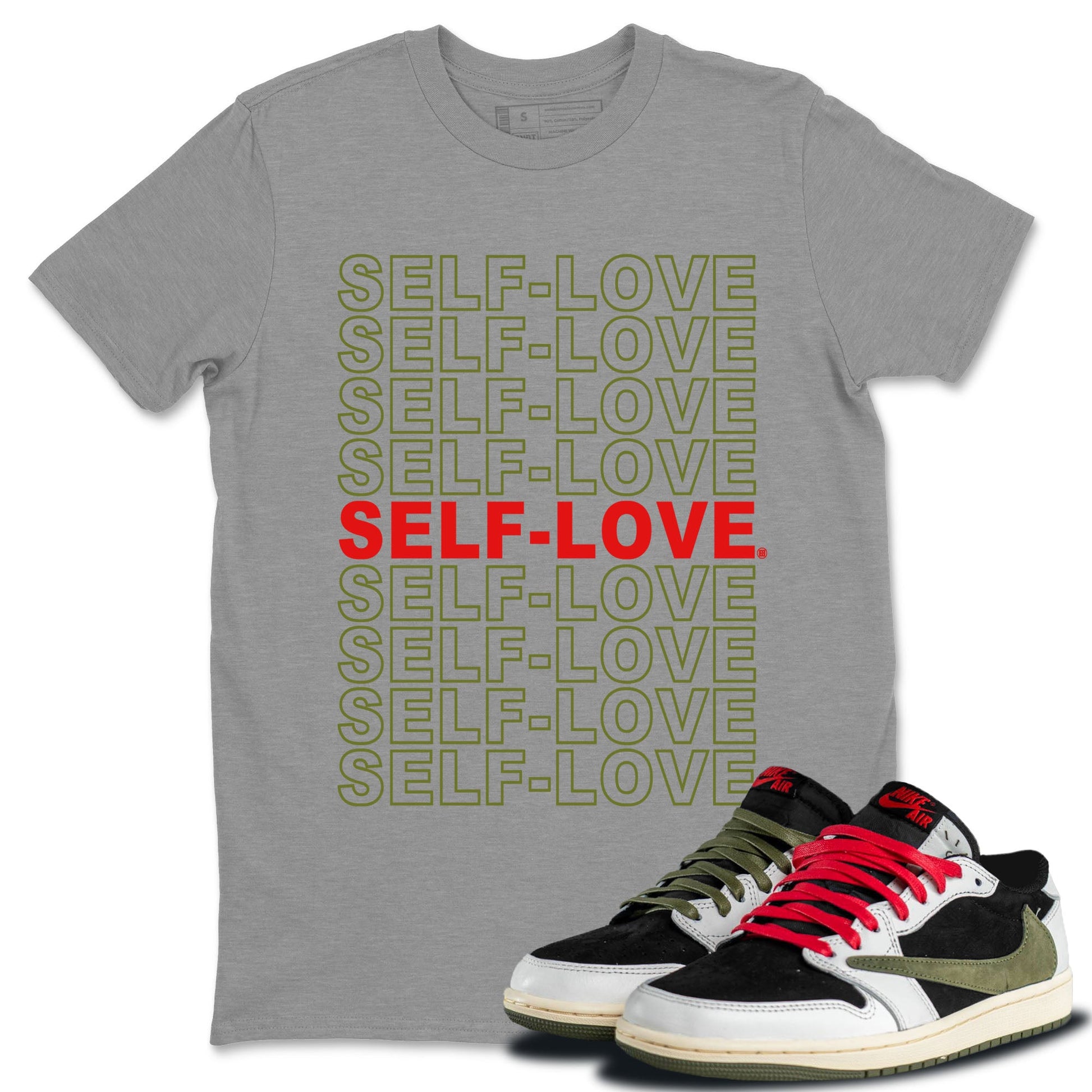 Air Jordan 1 Travis Scott Olive Self Love Crew Neck Sneaker Tees Air Jordan 1 Travis Scott Olive Sneaker T-Shirts Size Chart