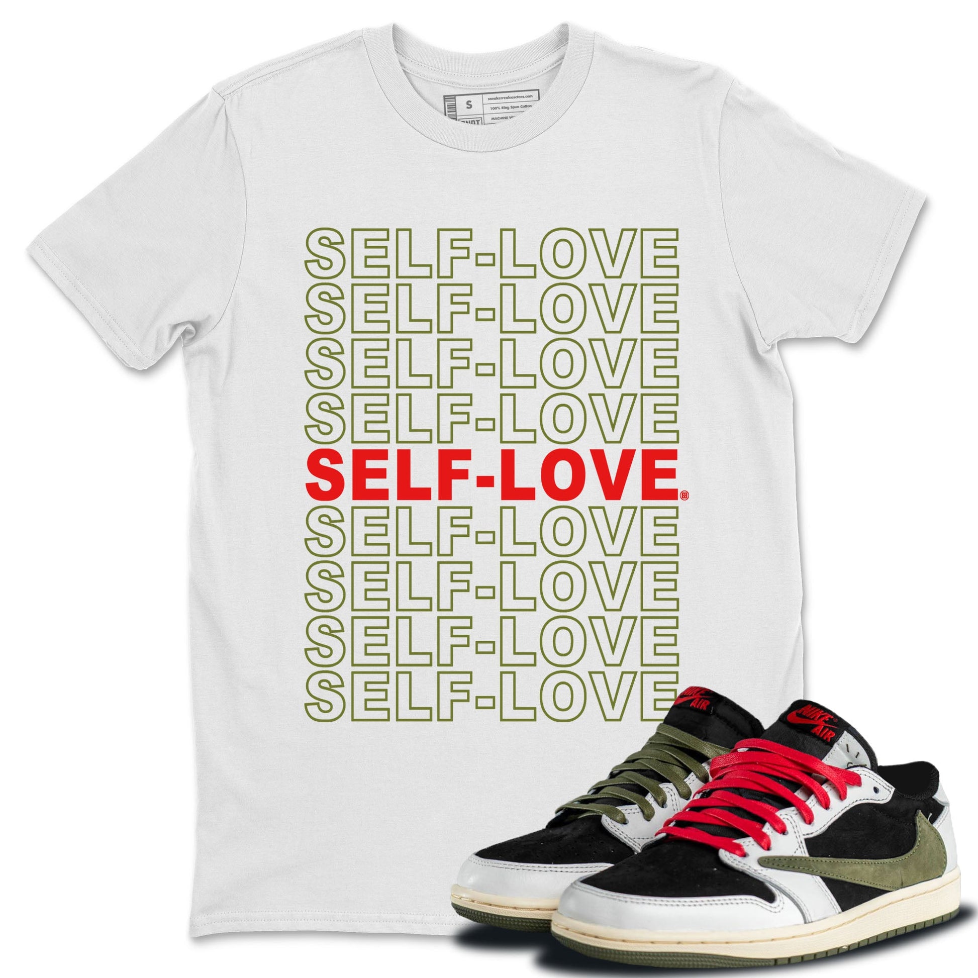 Air Jordan 1 Travis Scott Olive Sneaker Match Tees Self Love Sneaker Tees Air Jordan 1 Low x Travis Scott x Olive Shirts Unisex Shirts White 1