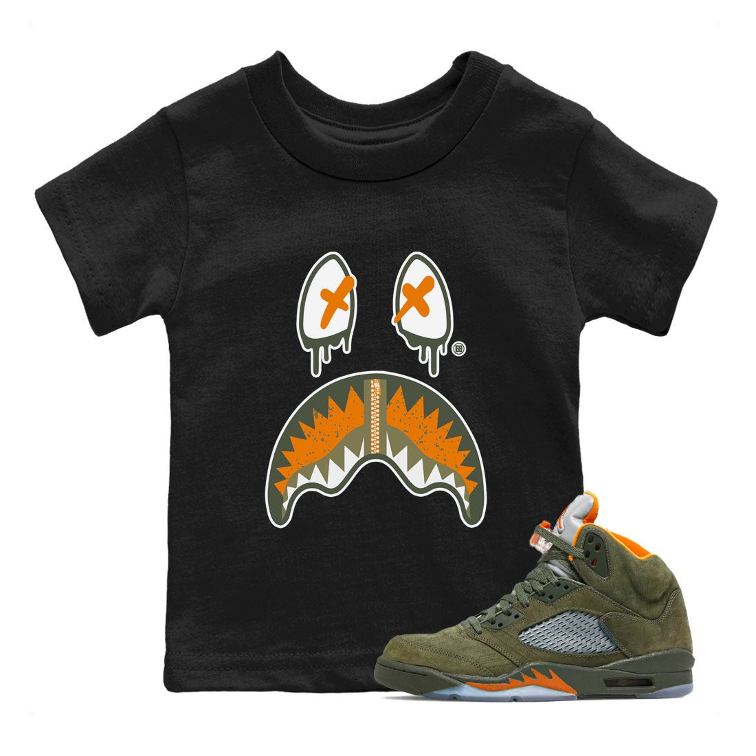 Air Jordan 5 Retro Olive shirt to match jordans Shark Face sneaker tees Air Jordan 5 Olive SNRT Sneaker Tees Sneaker Matching Cotton Shirt baby toddler Black 1 cotton Shirt