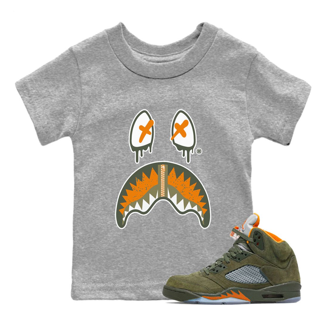 Air Jordan 5 Retro Olive shirt to match jordans Shark Face sneaker tees Air Jordan 5 Olive SNRT Sneaker Tees Sneaker Matching Cotton Shirt baby toddler Heather Grey 1 cotton Shirt