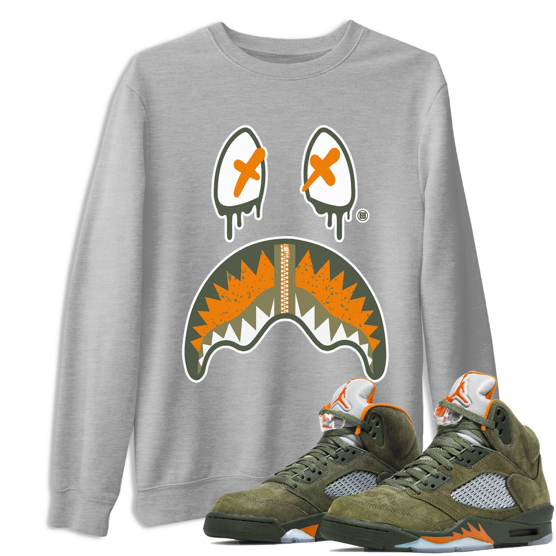 Air Jordan 5 Retro Olive shirt to match jordans Shark Face sneaker tees Air Jordan 5 Olive SNRT Sneaker Tees Sneaker Matching Cotton Shirt unisex cotton Heather Grey 1 crew neck shirt