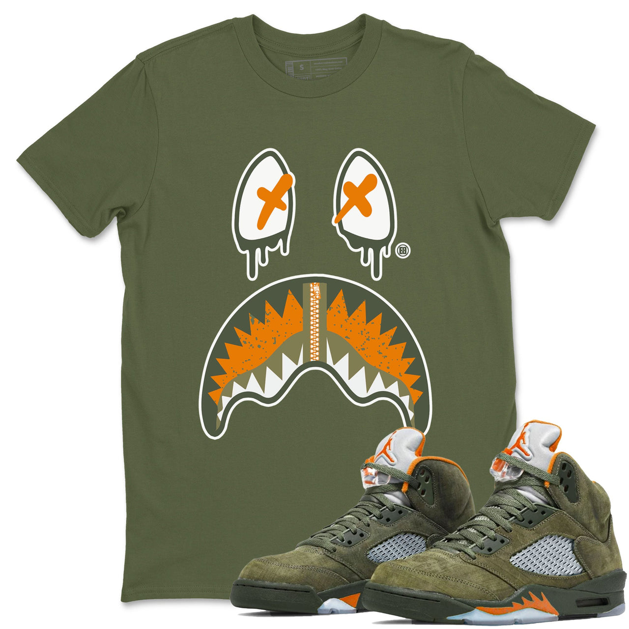 Air Jordan 5 Retro Olive shirt to match jordans Shark Face sneaker tees Air Jordan 5 Olive SNRT Sneaker Tees Sneaker Matching Cotton Shirt unisex cotton Military Green 1 crew neck shirt
