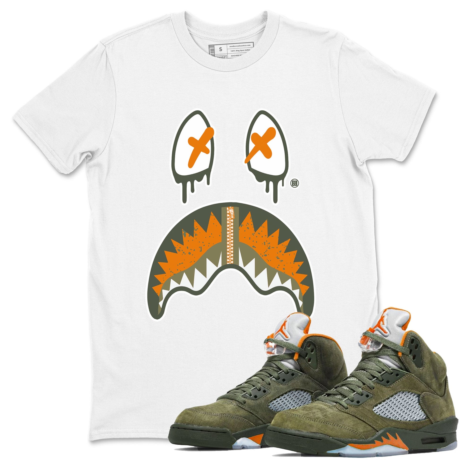 Air Jordan 5 Retro Olive shirt to match jordans Shark Face sneaker tees Air Jordan 5 Olive SNRT Sneaker Tees Sneaker Matching Cotton Shirt unisex cotton White 1 crew neck shirt