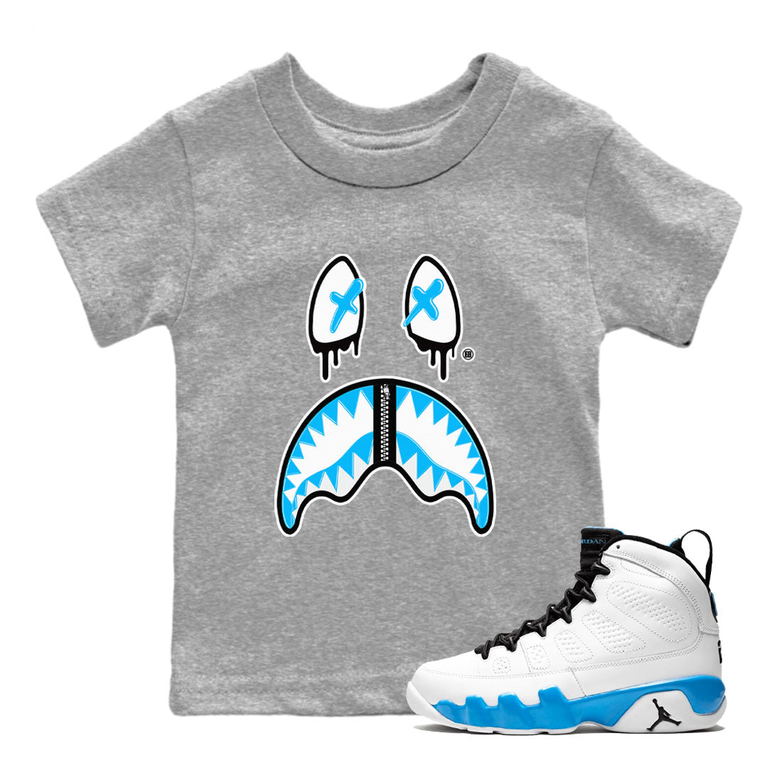 AJ9 Powder Blue shirt to match jordans Shark Face sneaker tees Air Jordan 9 Powder Blue SNRT sneaker release tees baby toddler Heather Grey 1 cotton Shirt