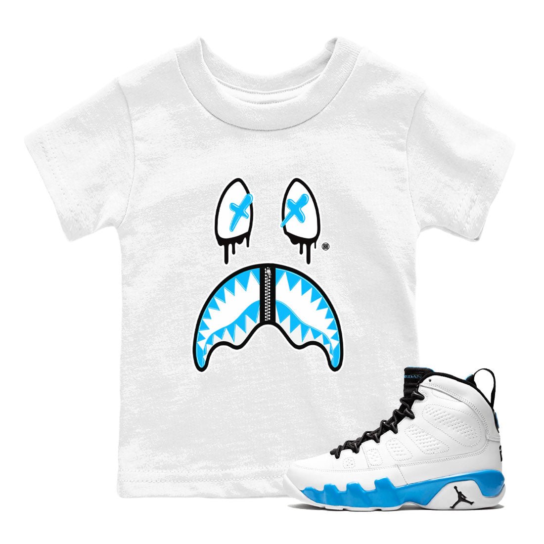 AJ9 Powder Blue shirt to match jordans Shark Face sneaker tees Air Jordan 9 Powder Blue SNRT sneaker release tees baby toddler White 1 cotton Shirt