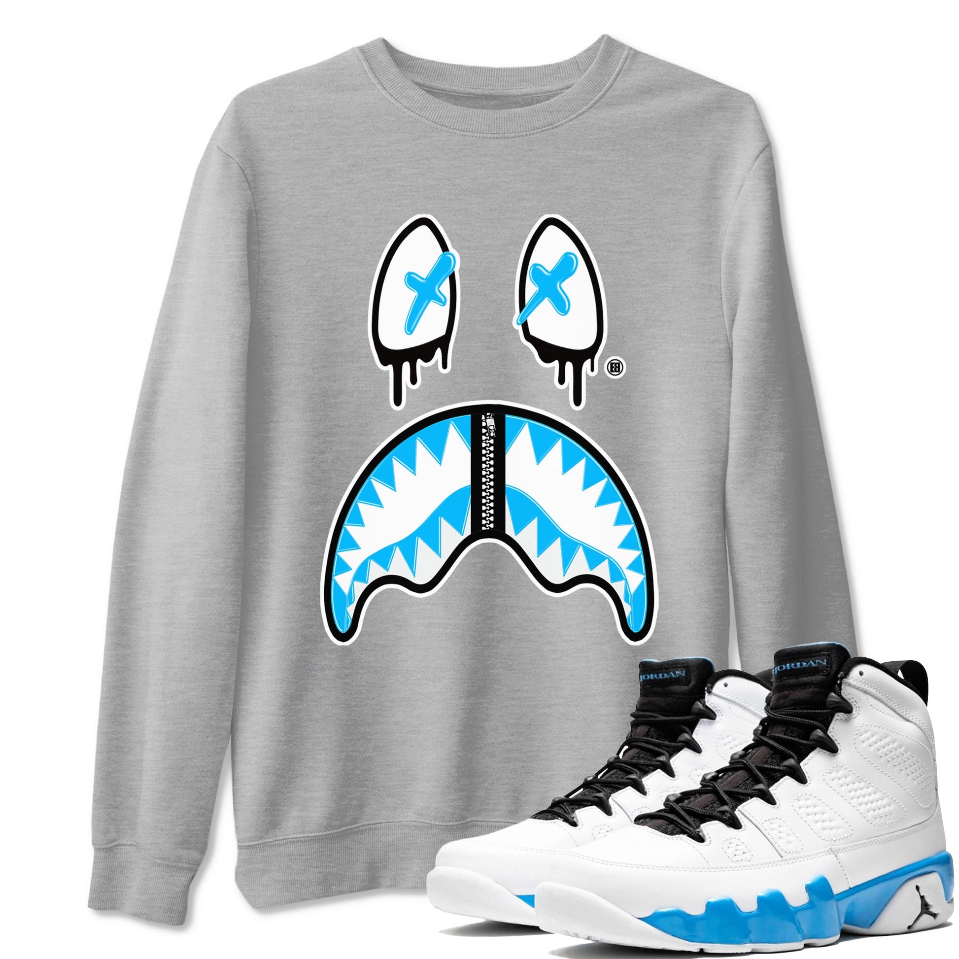 AJ9 Powder Blue shirt to match jordans Shark Face sneaker tees Air Jordan 9 Powder Blue SNRT Sneaker Release Tees unisex cotton Heather Grey 1 crew neck shirt