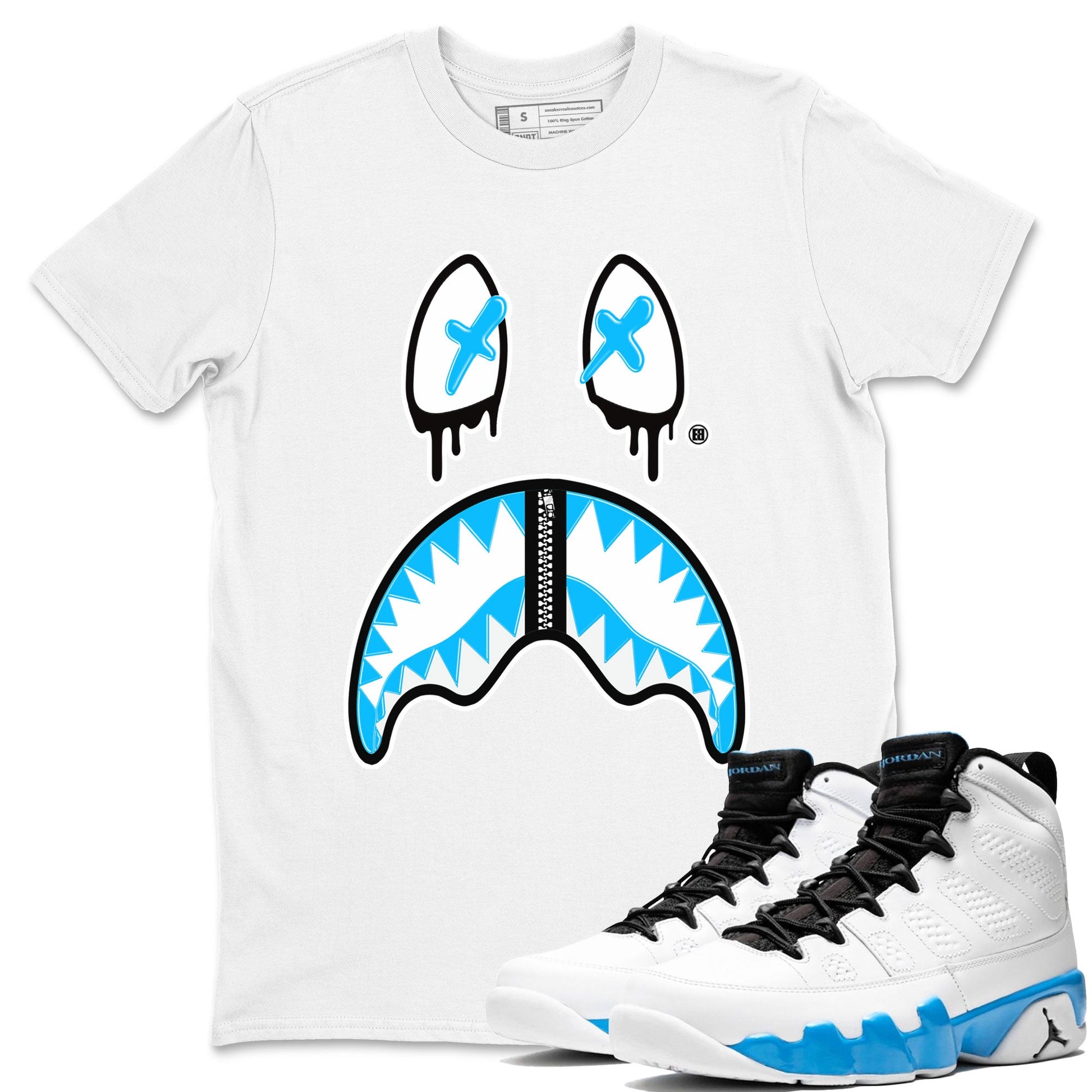 AJ9 Powder Blue shirt to match jordans Shark Face sneaker tees Air Jordan 9 Powder Blue SNRT Sneaker Release Tees unisex cotton White 1 crew neck shirt