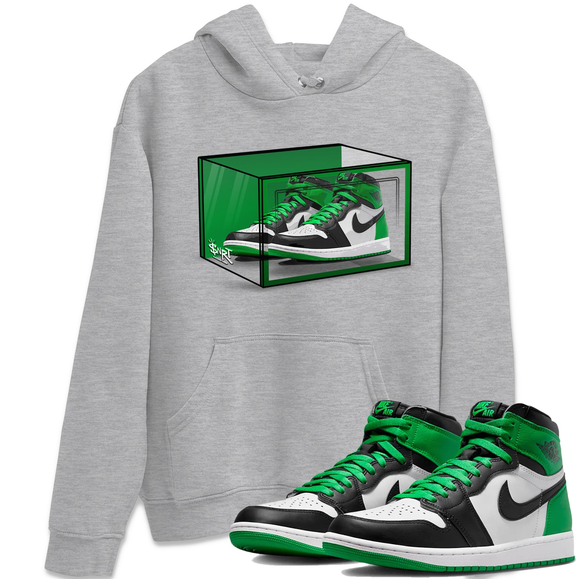 Air Jordan 1 Celtics Sneaker Match Tees Shoe Box Sneaker Tees Air Jordan 1 Lucky Green Celtics Tees Unisex Shirts Heather Grey 1