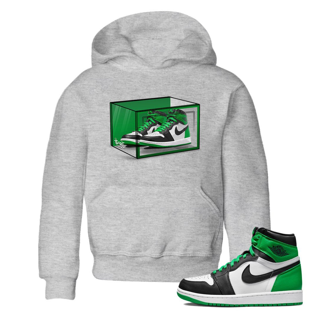Air Jordan 1 Celtics Sneaker Match Tees Shoe Box Sneaker Tees Air Jordan 1 Lucky Green Celtics Tees Kids Shirts Heather Grey 1