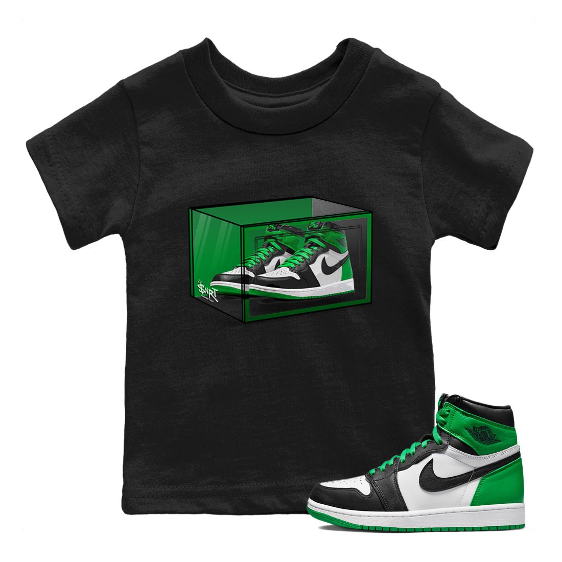 Air Jordan 1 Celtics Sneaker Match Tees Shoe Box Sneaker Tees Air Jordan 1 Lucky Green Celtics Tees Kids Shirts Black 1