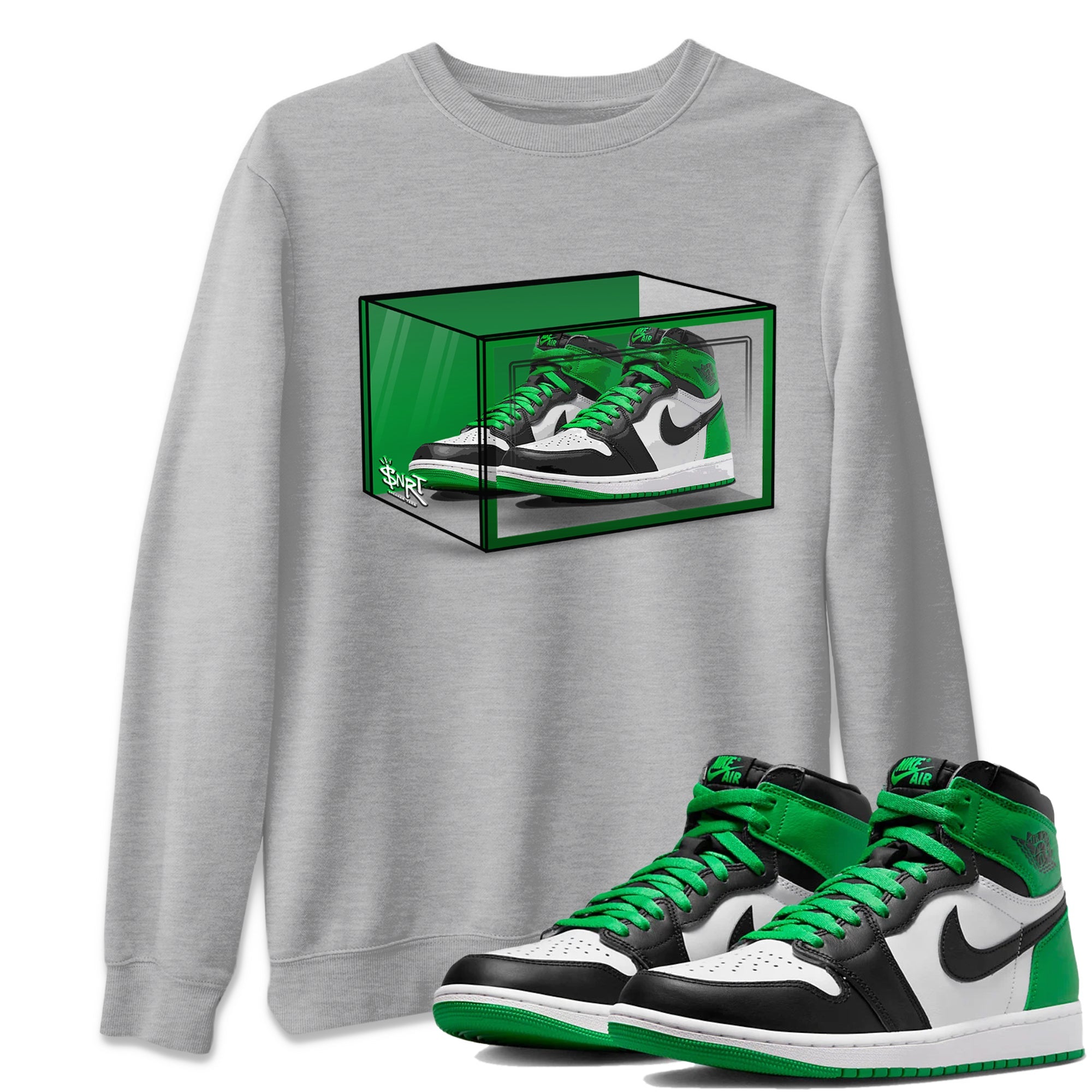 Air Jordan 1 Celtics Sneaker Match Tees Shoe Box Sneaker Tees Air Jordan 1 Lucky Green Celtics Tees Unisex Shirts Heather Grey 1