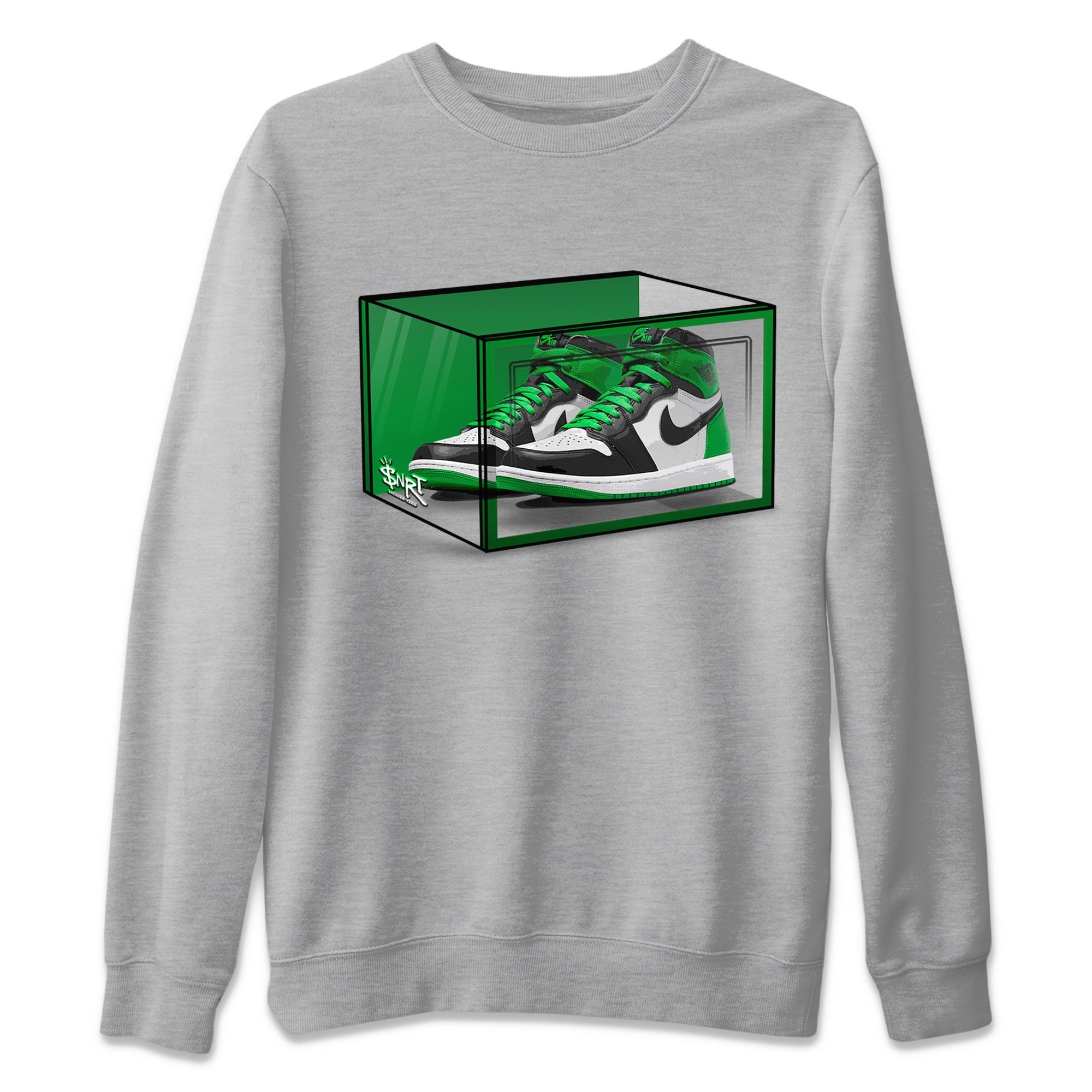 Air Jordan 1 Celtics Sneaker Match Tees Shoe Box Sneaker Tees Air Jordan 1 Lucky Green Celtics Tees Unisex Shirts Heather Grey 2