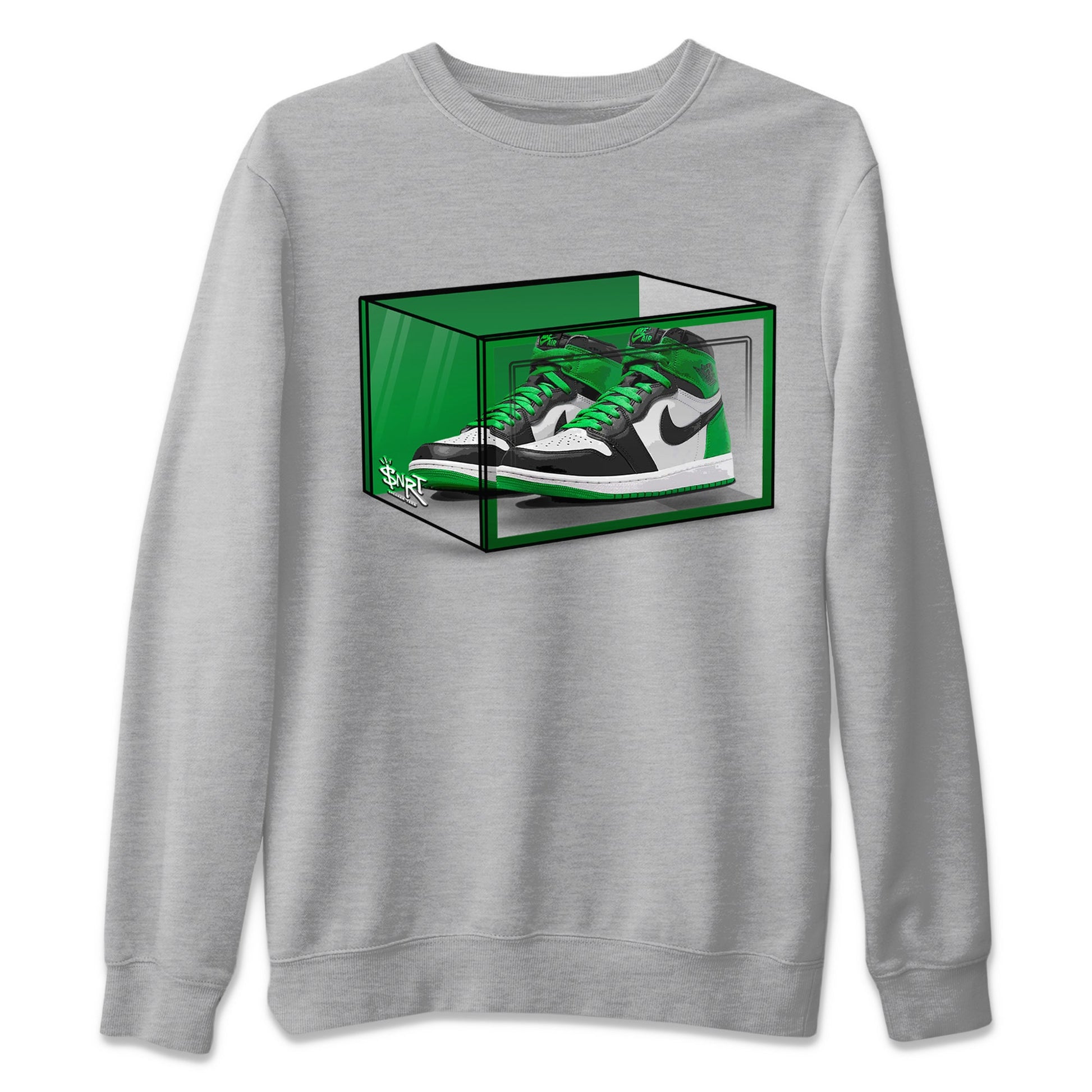 Air Jordan 1 Celtics Sneaker Match Tees Shoe Box Sneaker Tees Air Jordan 1 Lucky Green Celtics Tees Unisex Shirts Heather Grey 2
