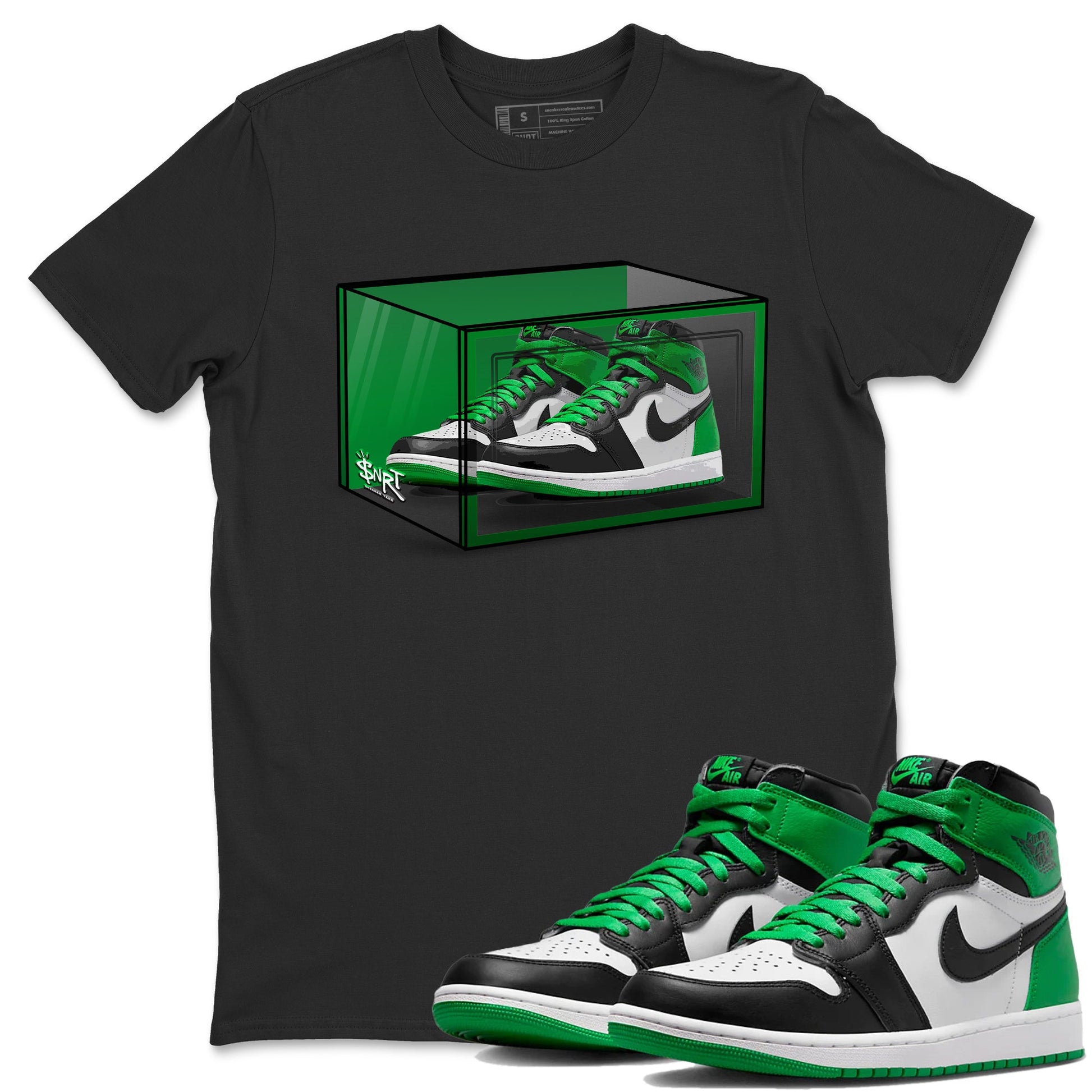 Air Jordan 1 Celtics Sneaker Match Tees Shoe Box Sneaker Tees Air Jordan 1 Lucky Green Celtics Tees Unisex Shirts Black 1