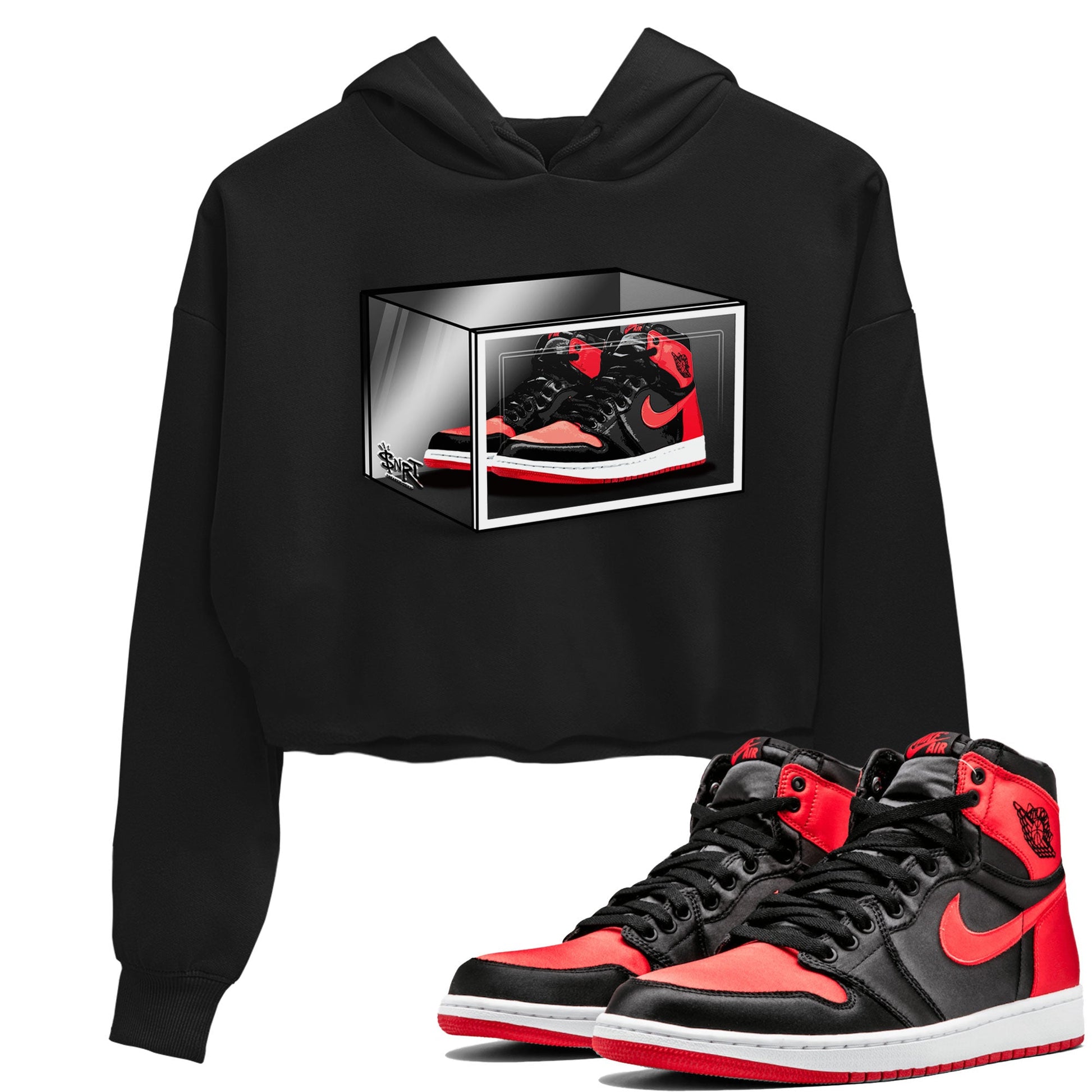Air Jordan 1 Retro High OG Satin Bred shirt to match jordans Shoe Box sneaker release tees Air Jordan 1 Satin Bred SNRT Sneaker Tees Black 1 Crop T-Shirt