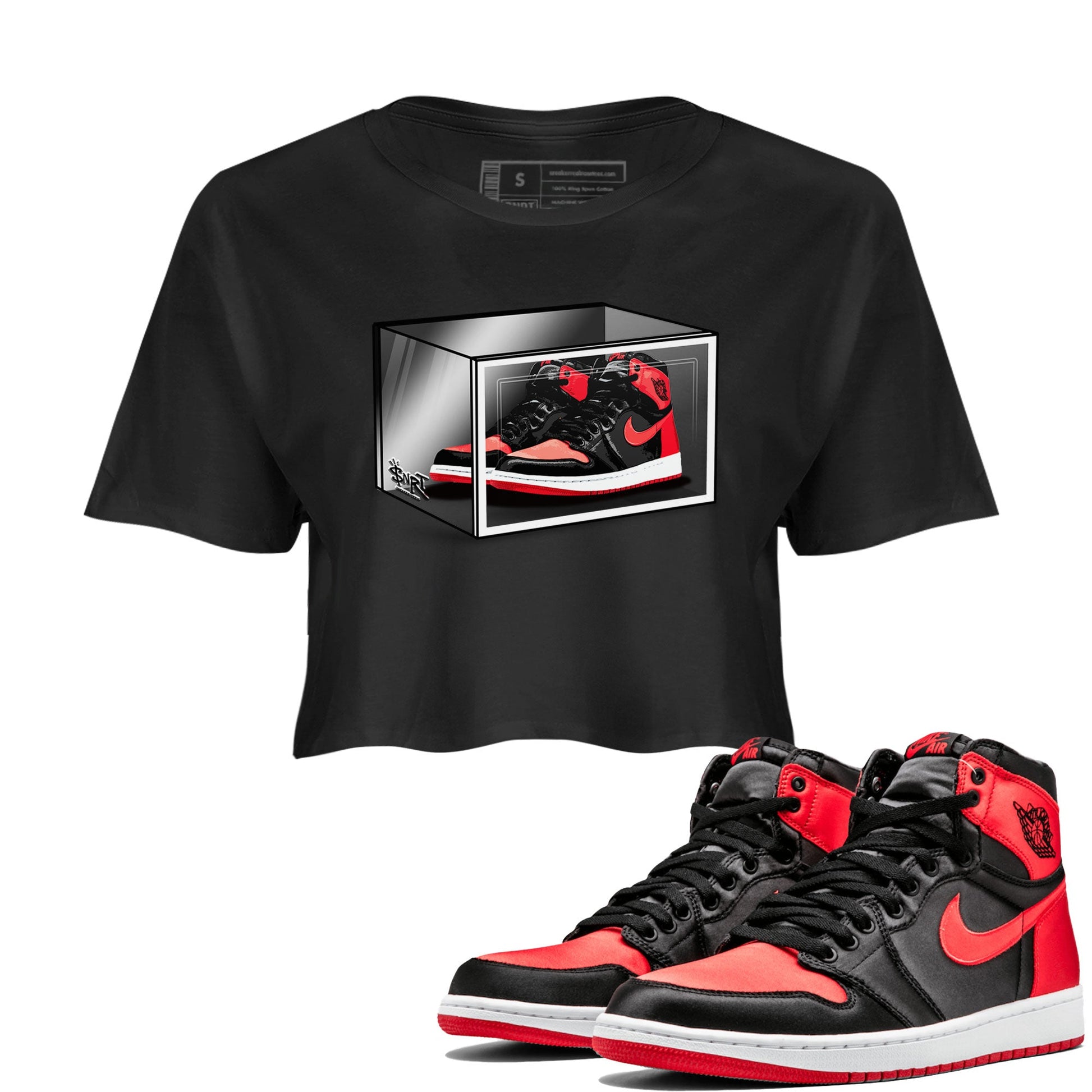 Air Jordan 1 Retro High OG Satin Bred shirt to match jordans Shoe Box sneaker release tees Air Jordan 1 Satin Bred SNRT Sneaker Tees Black 1 Crop T-Shirt